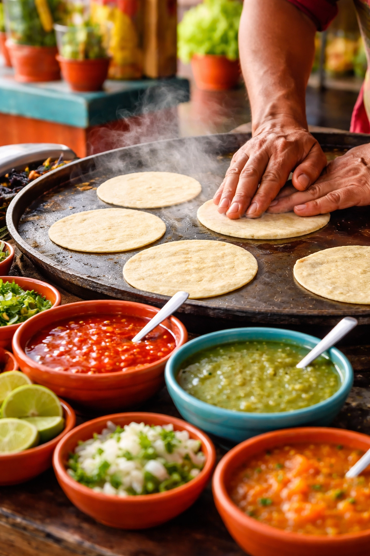 Hand-pressed corn tortillas and fresh salsas at a traditional Puerto Vallarta street food stand