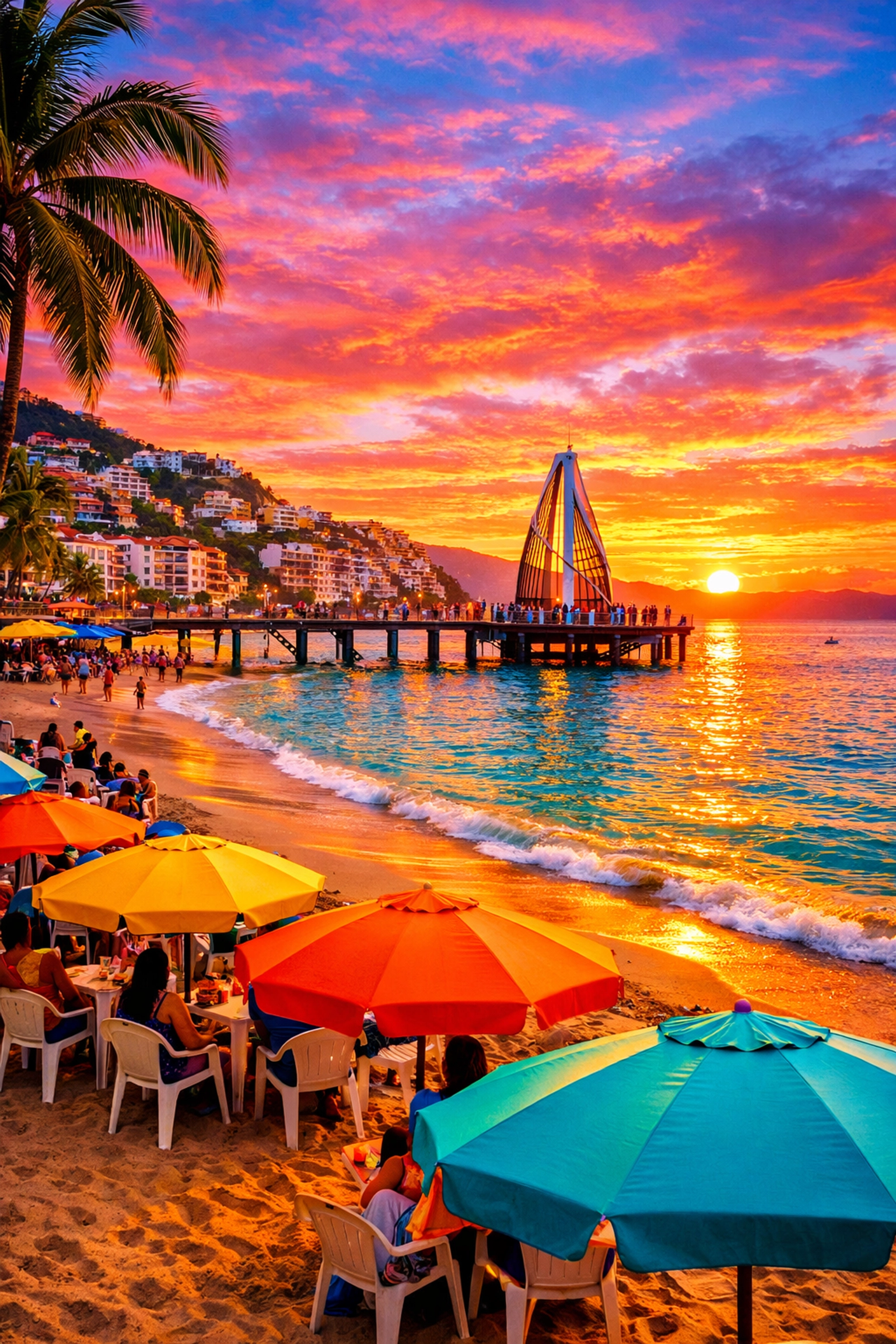 Los Muertos Beach sunset with colorful umbrellas in Puerto Vallarta