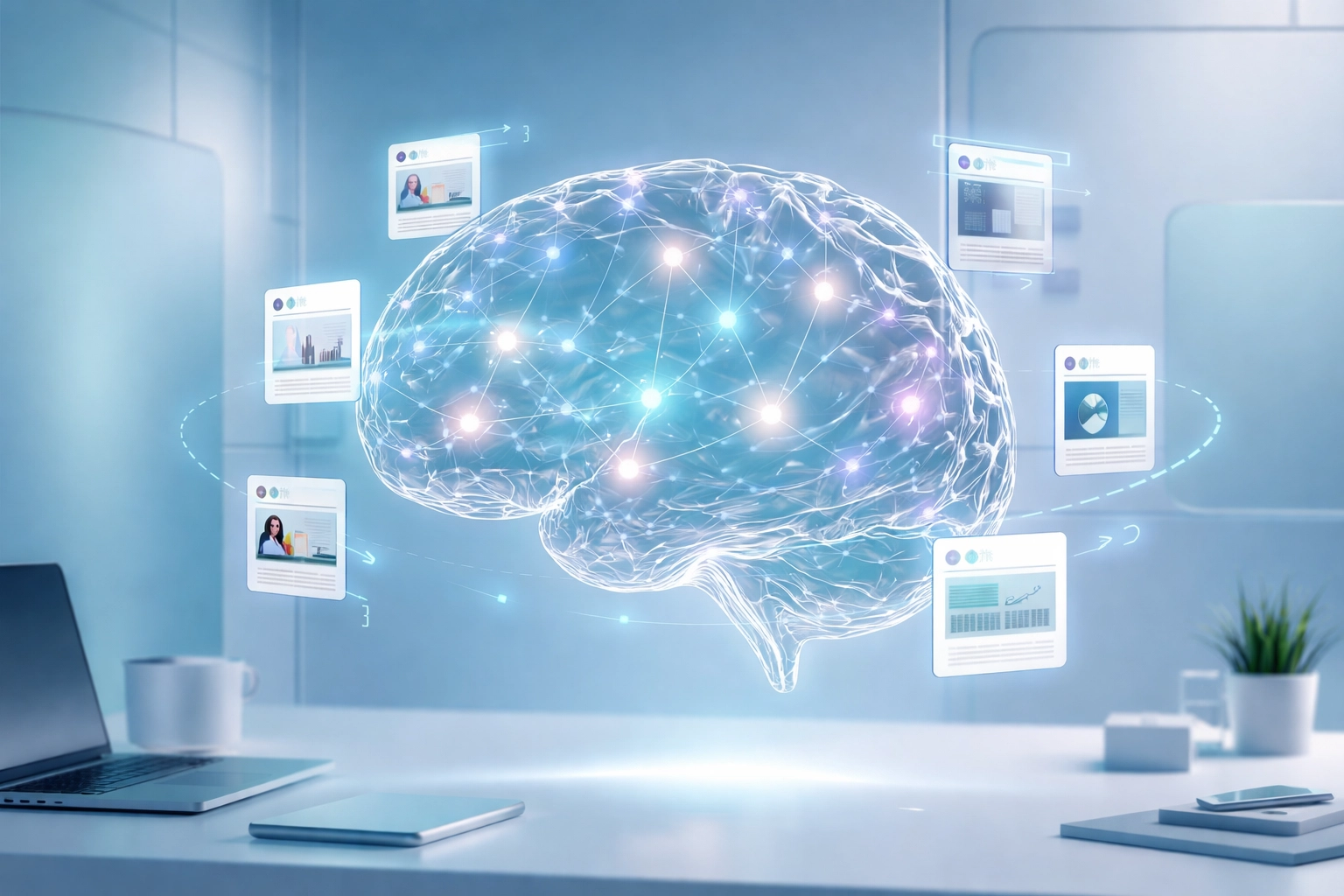 A translucent brain with glowing nodes and social media icons visualizes a digital Content Brain workspace for creators.