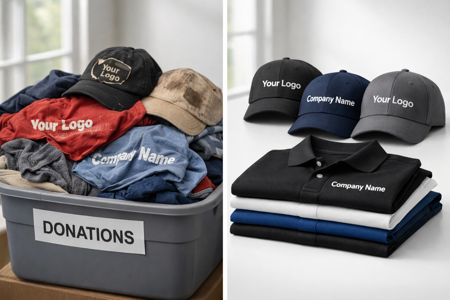 Comparison of low-quality faded promotional t-shirts versus premium custom embroidered caps and polos