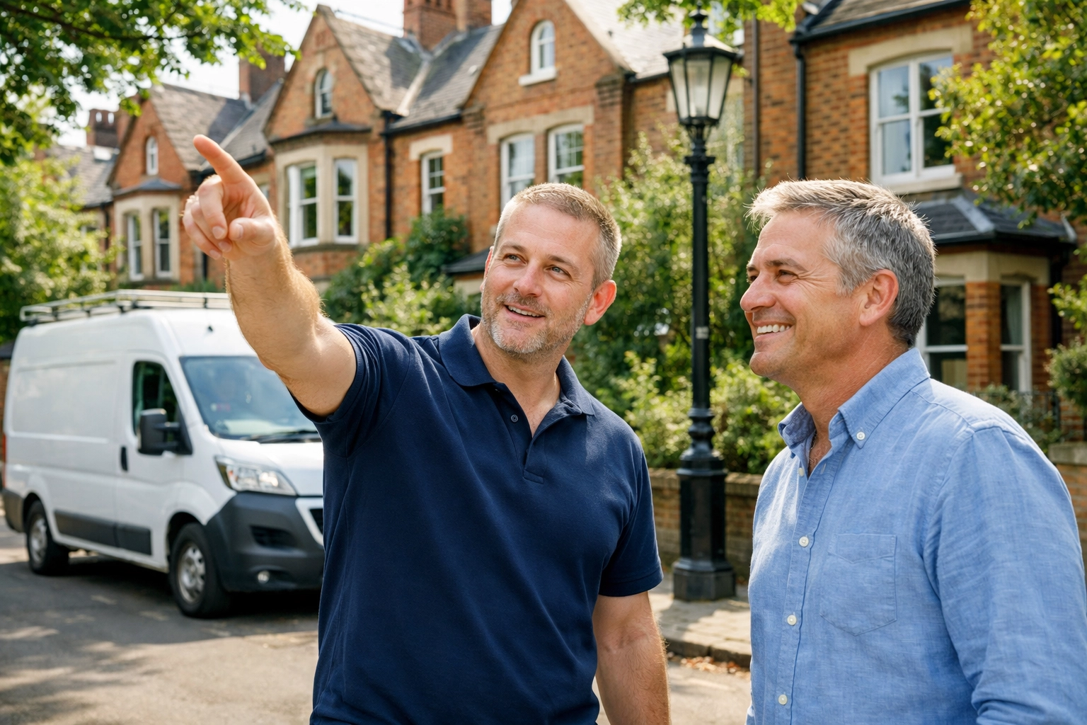 A local security expert discussing CCTV placement with a customer on a residential street in Oxford.