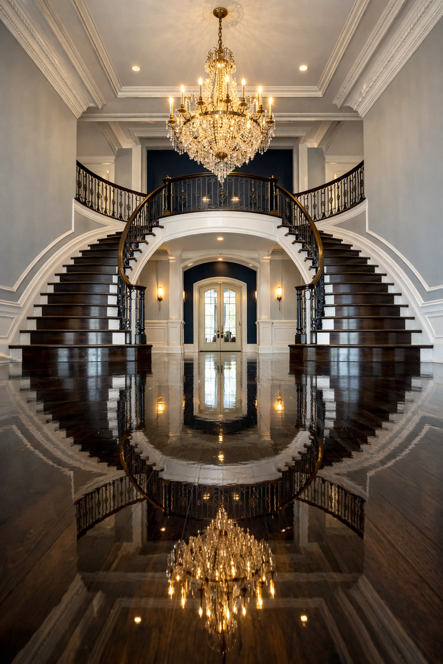 Luxury estate foyer with polished hardwood floors, reflecting professional house cleaning standards in Carlisle, MA.