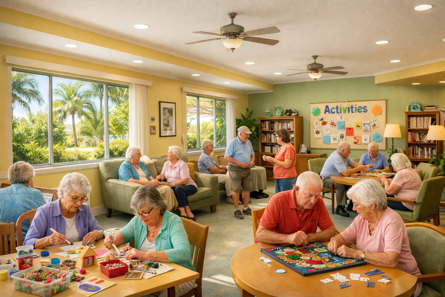 Adult day care respite program with seniors engaged in activities in Sarasota
