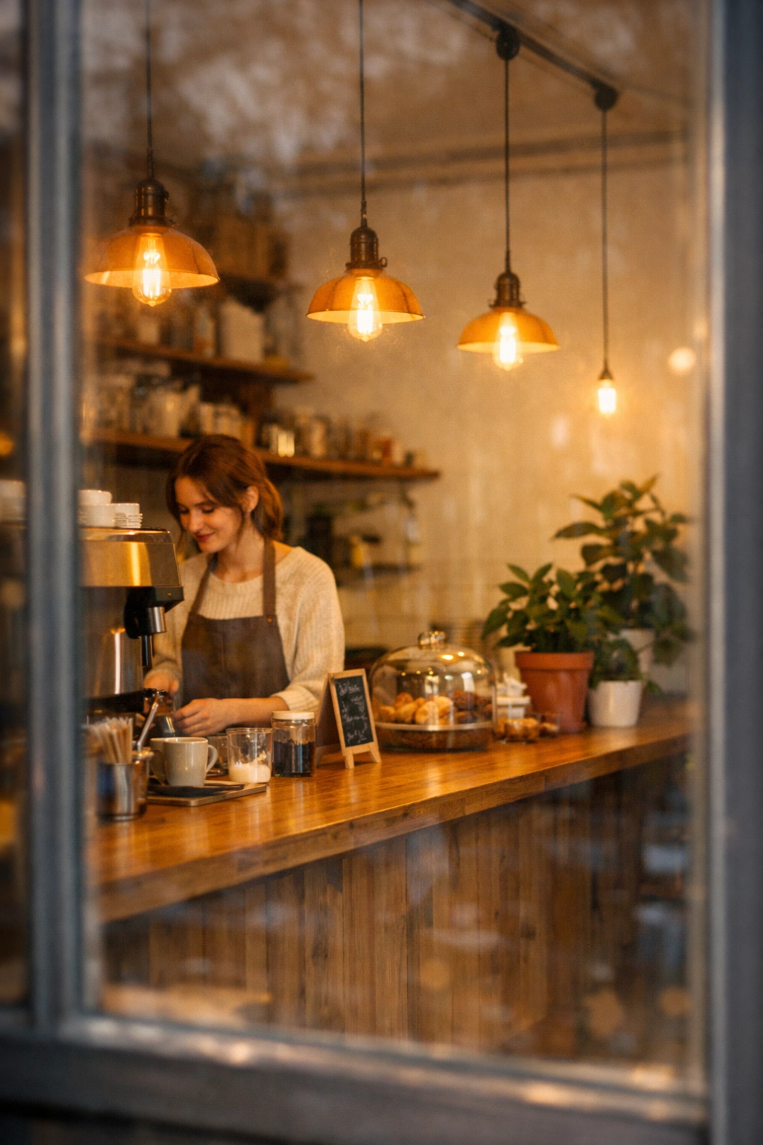 Inviting interior of a cozy local cafe seen through the window, perfect for a successful coffee shop set up.
