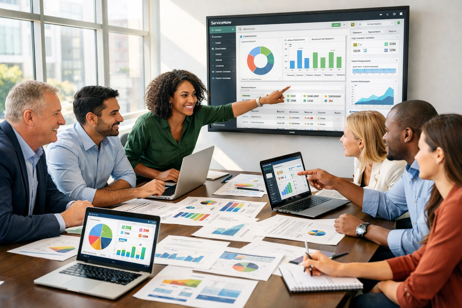 Business team analyzing ServiceNow ROI metrics and implementation data on dashboards