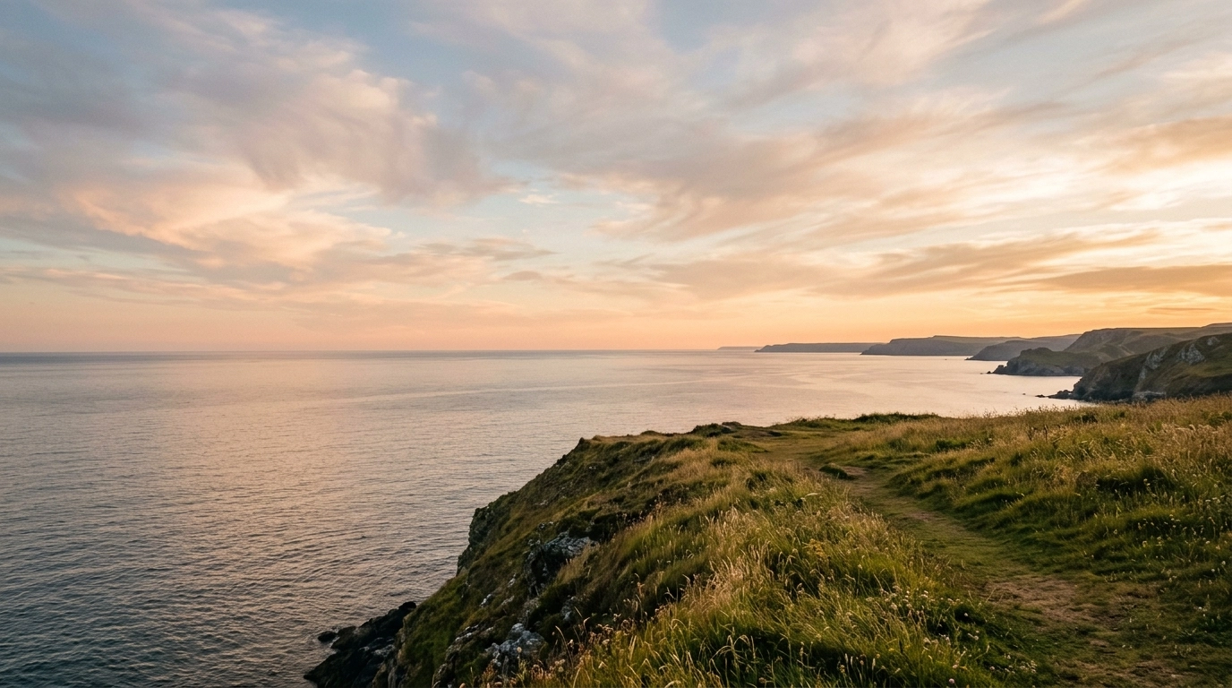 A serene and expansive coastal landscape at golden hour, symbolizing peace and the gentle release of a final farewell.