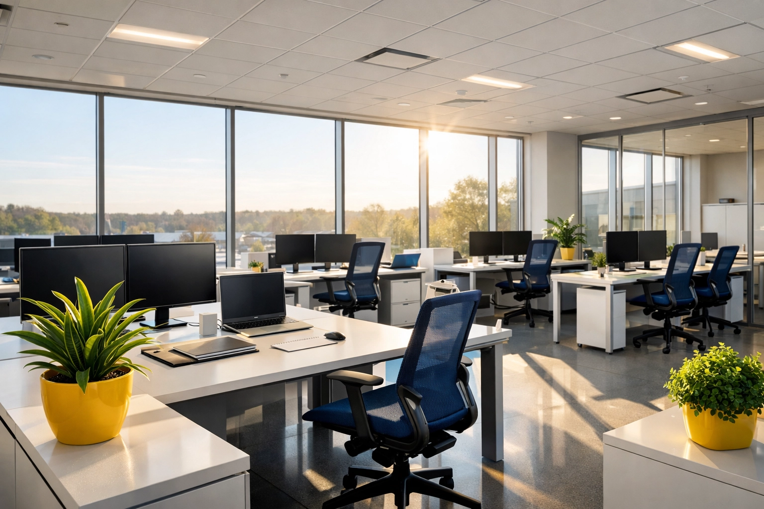 A bright, modern open-plan workspace featuring professional office cleaning in Milford.