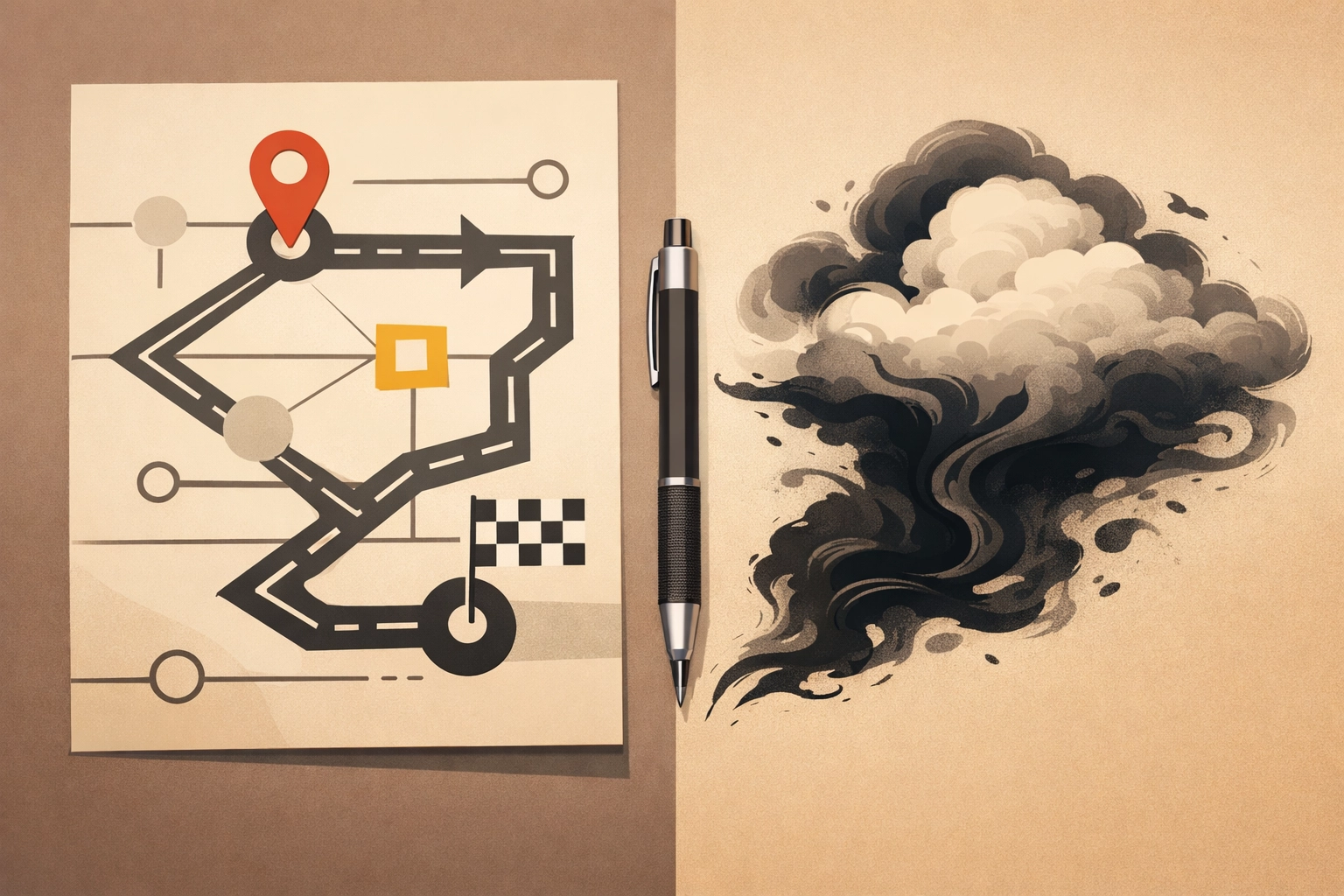 A comparison of a clear geometric business roadmap and a messy ink spill representing aspirational poetry.