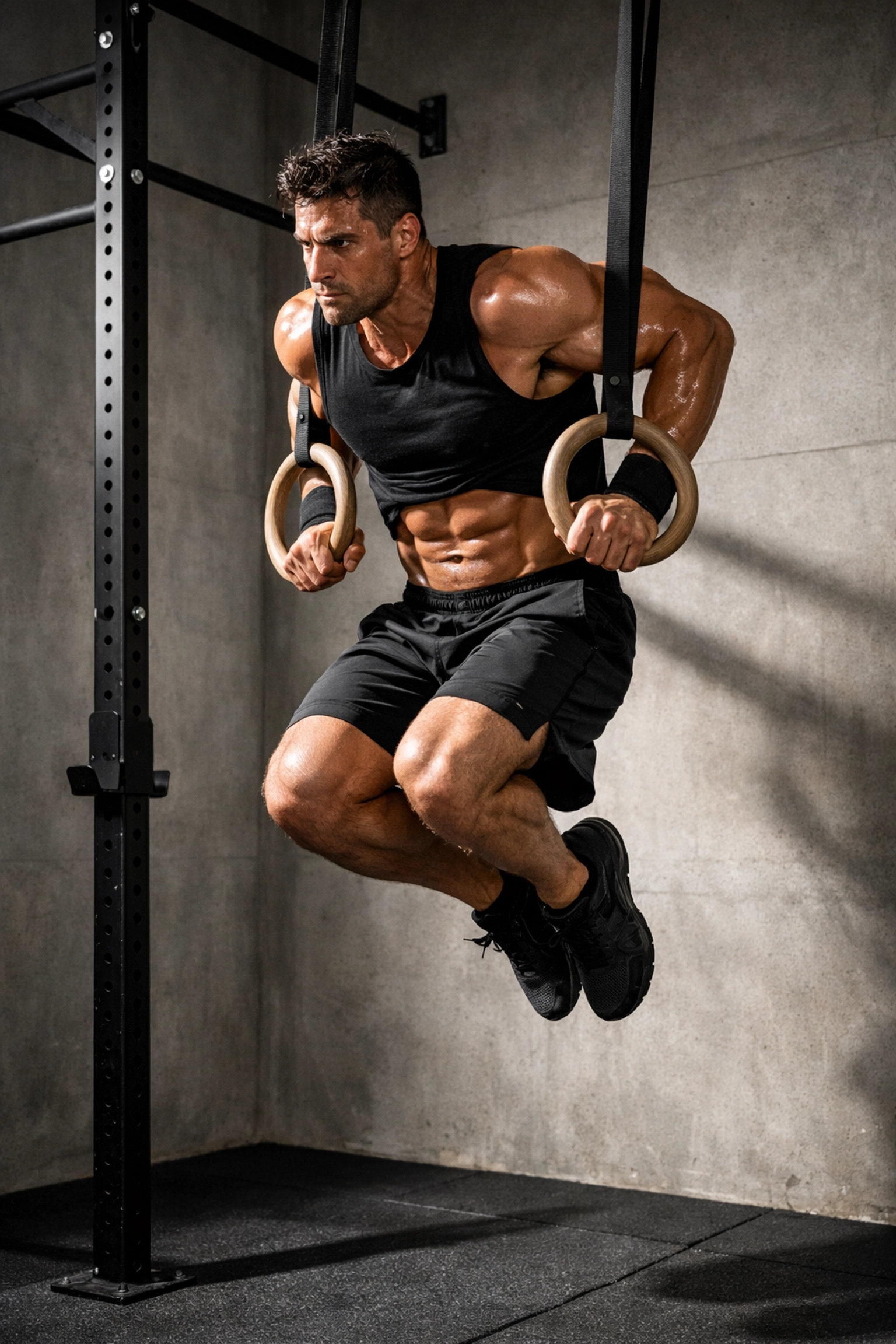 Athlete performing muscle-up on gymnastic rings attached to no wall damage workout system