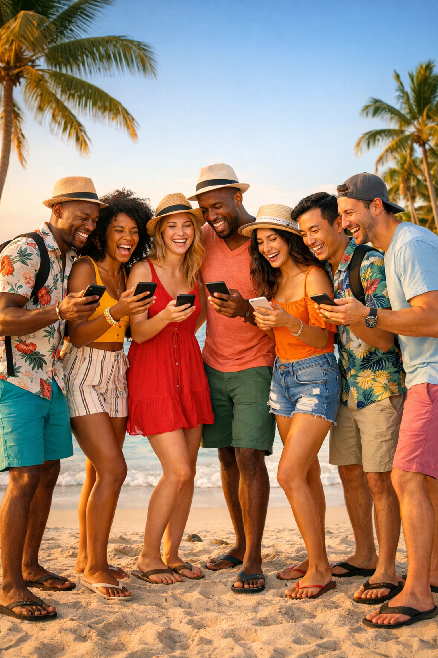 Happy diverse group of friends enjoying tropical beach resort after successful trip planning
