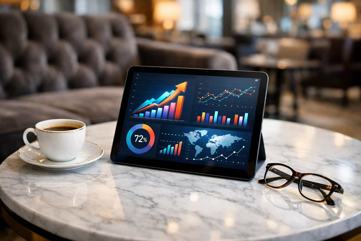 Tablet displaying networking ROI data and metrics in a luxury Super Bowl executive suite.