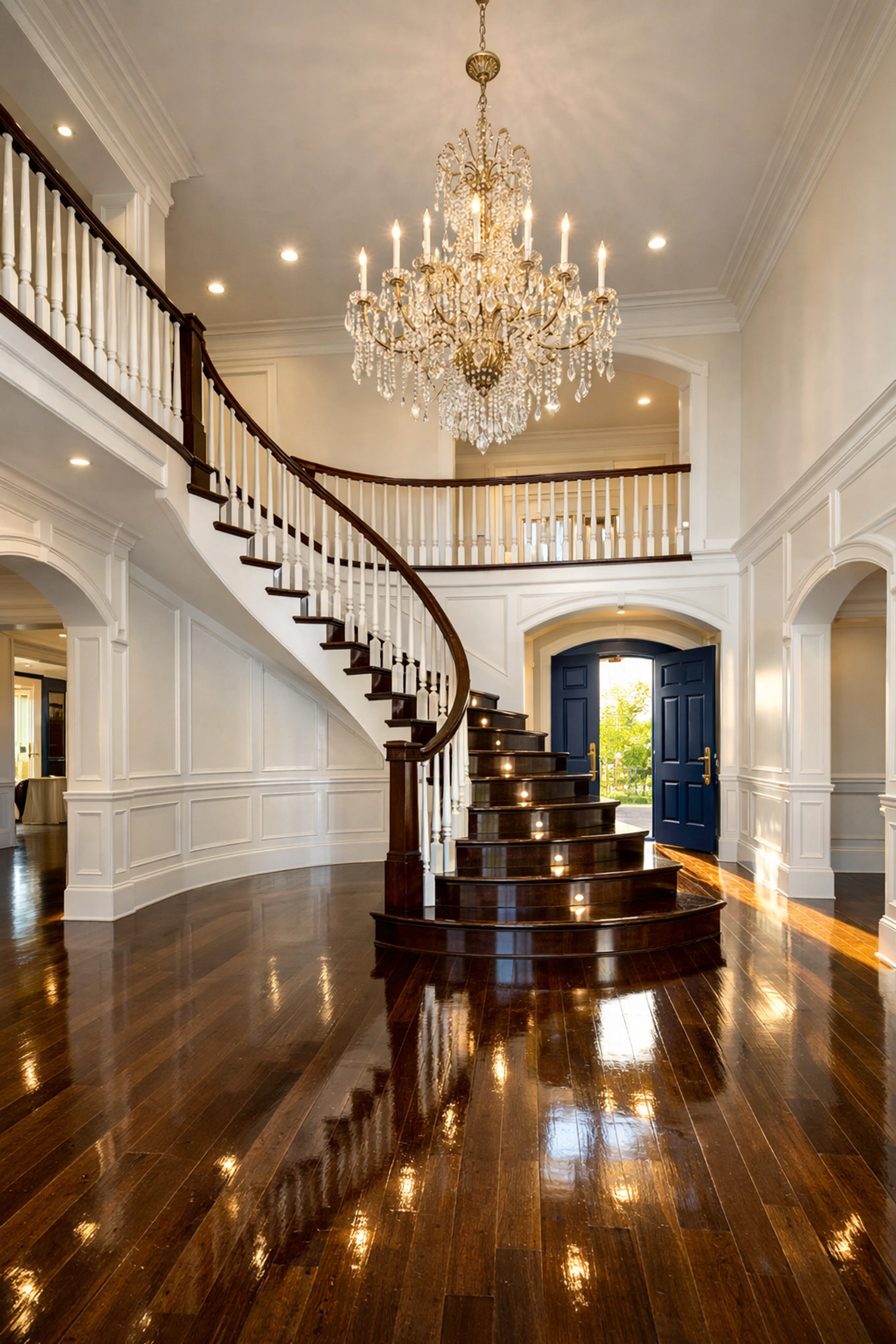 Grand foyer with a sparkling chandelier showing the impact of professional Easton residential cleaning services.