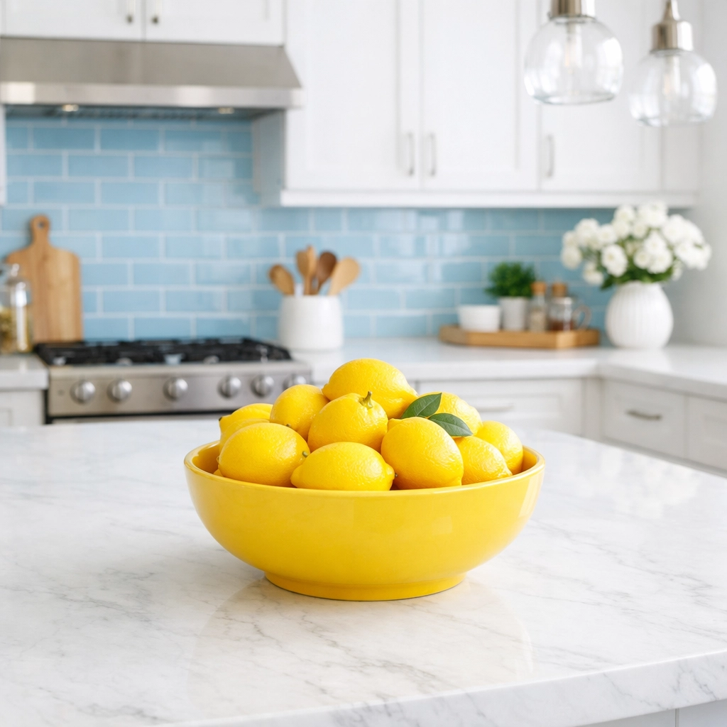 Spotless marble kitchen counter with a yellow bowl of lemons, highlighting stress-free weekly house cleaning in Westborough.