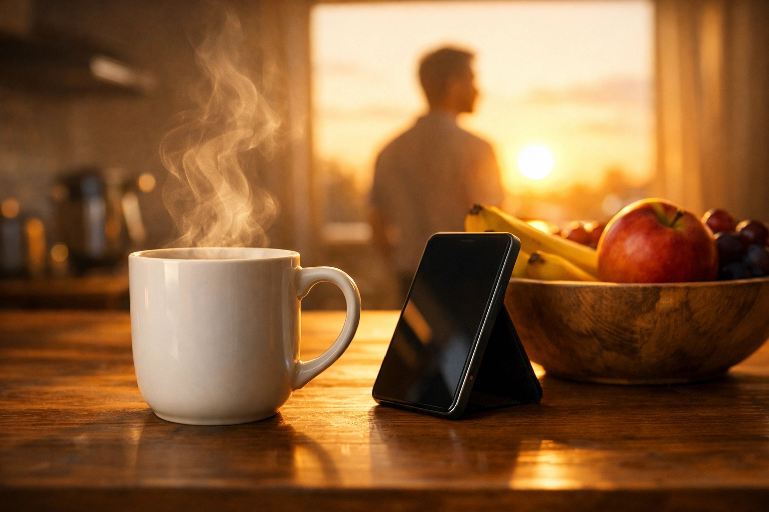 A morning coffee mug and smartphone ready for a daily micro-study from Boundless Online Church.