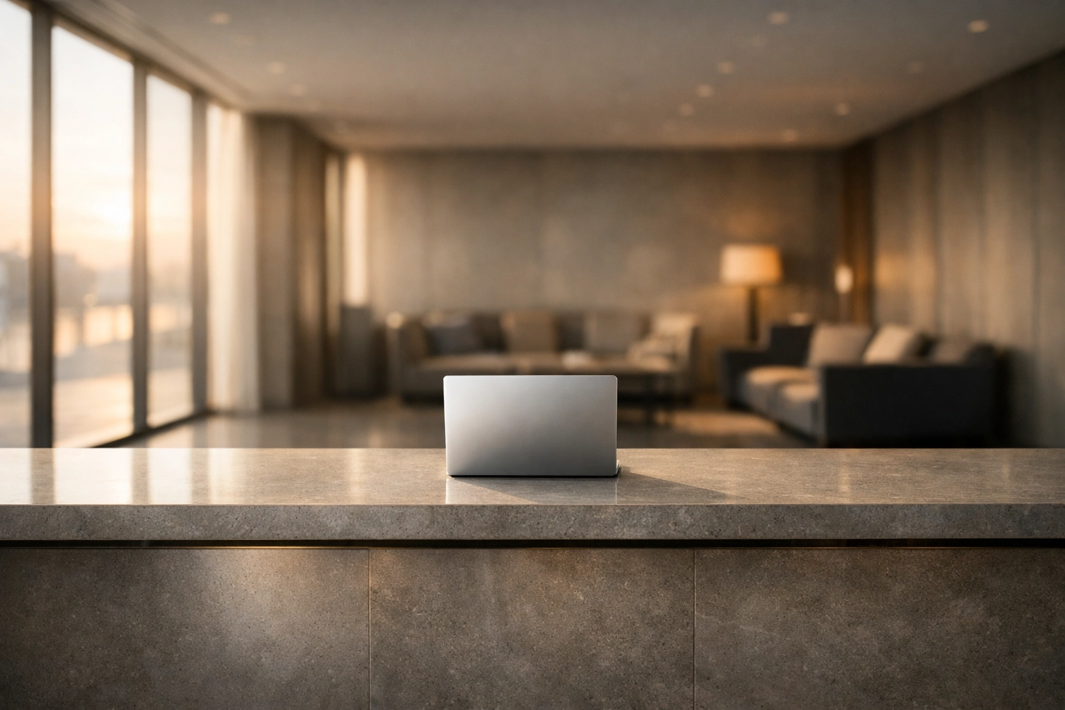 Minimalist hotel reception desk with a laptop showing efficient channel manager automation.