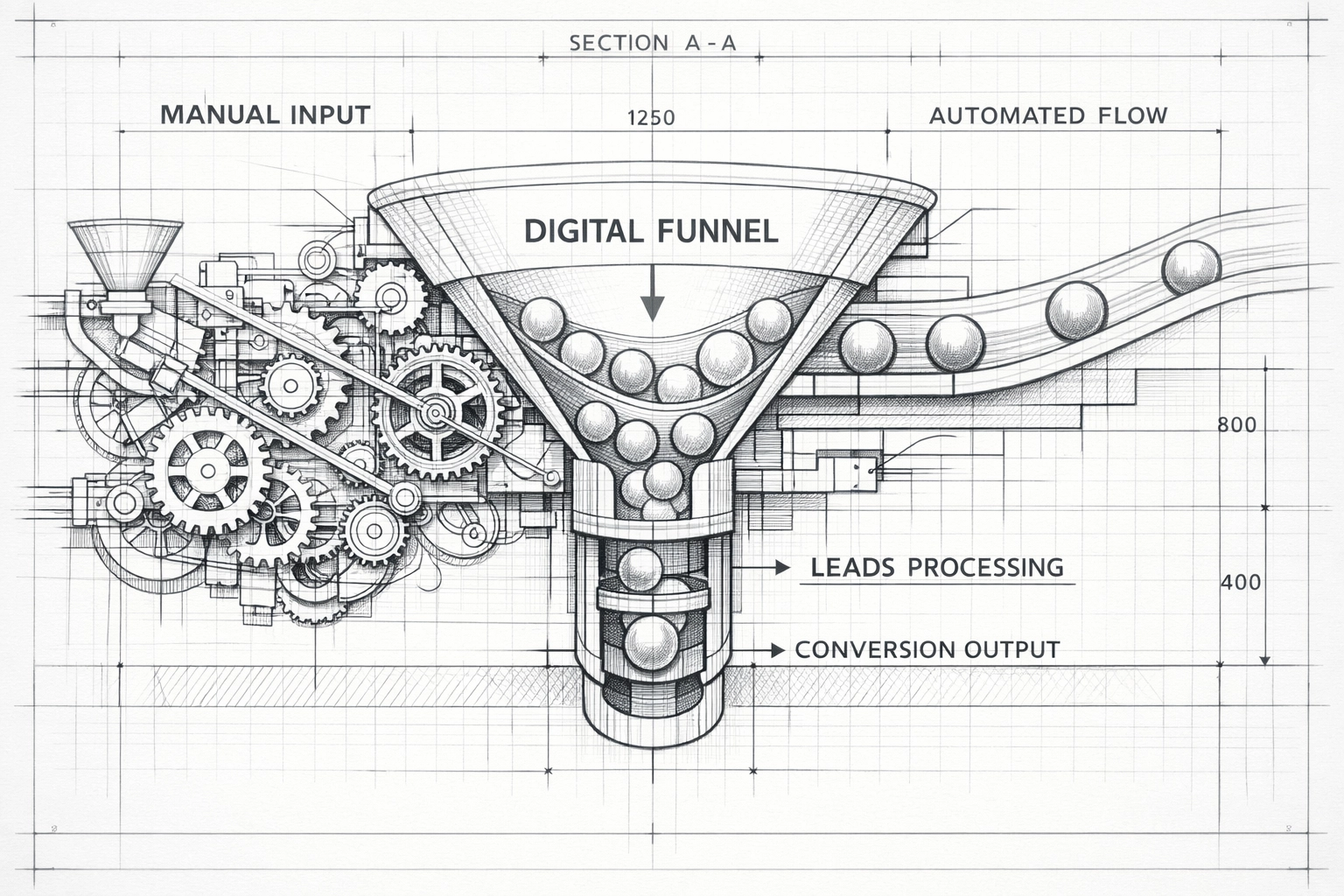 Blueprint of a sales automation funnel showing streamlined pipeline automation for B2B growth.