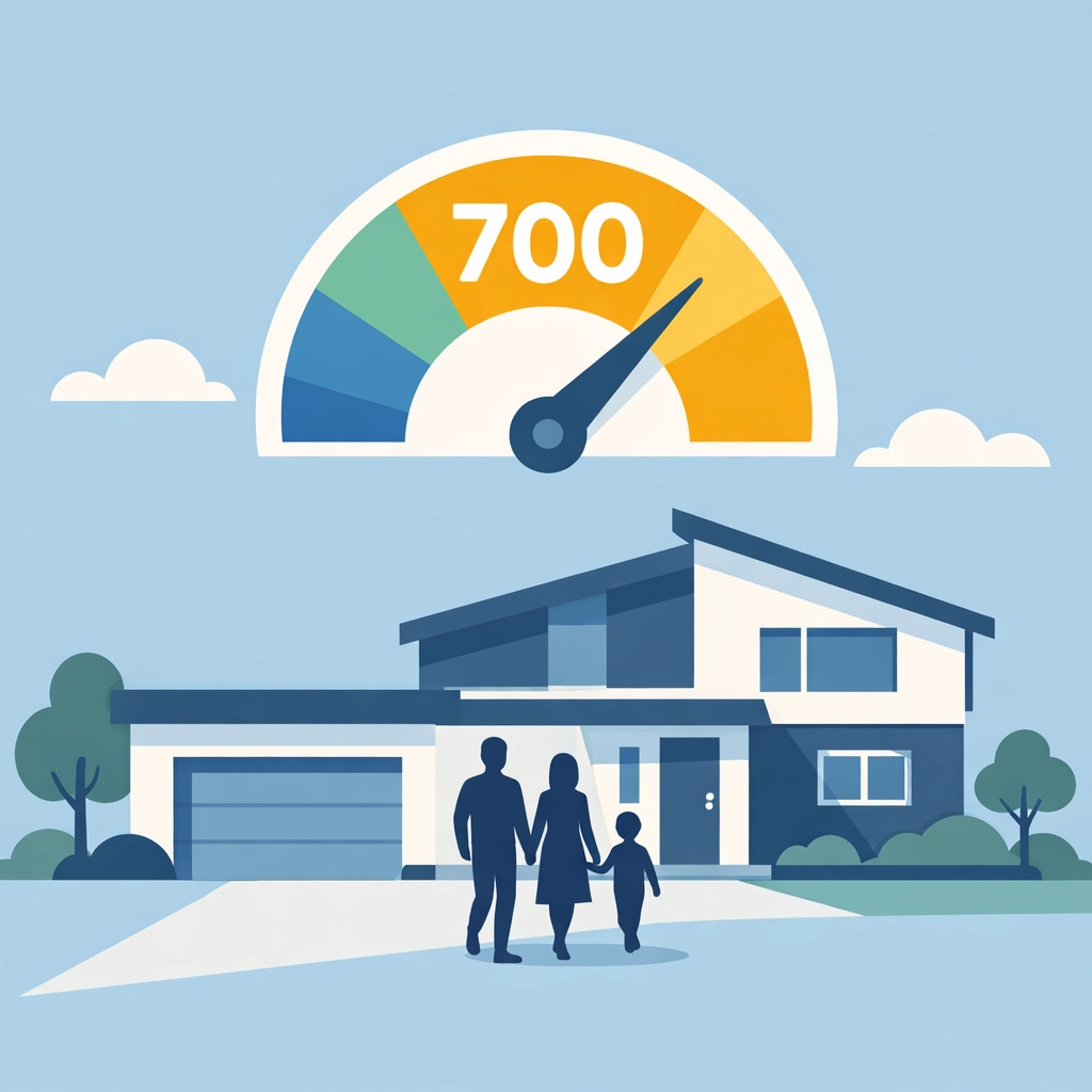 Familia latina caminando hacia su nueva casa con un score de crédito de 700.