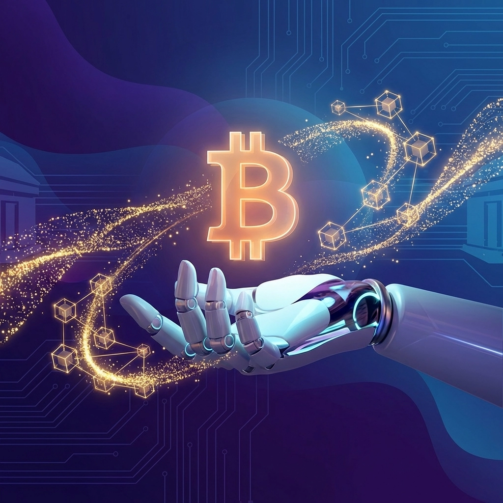 Futuristic image of Bitcoin over a hand with blockchain graphics, depicting institutional crypto adoption.