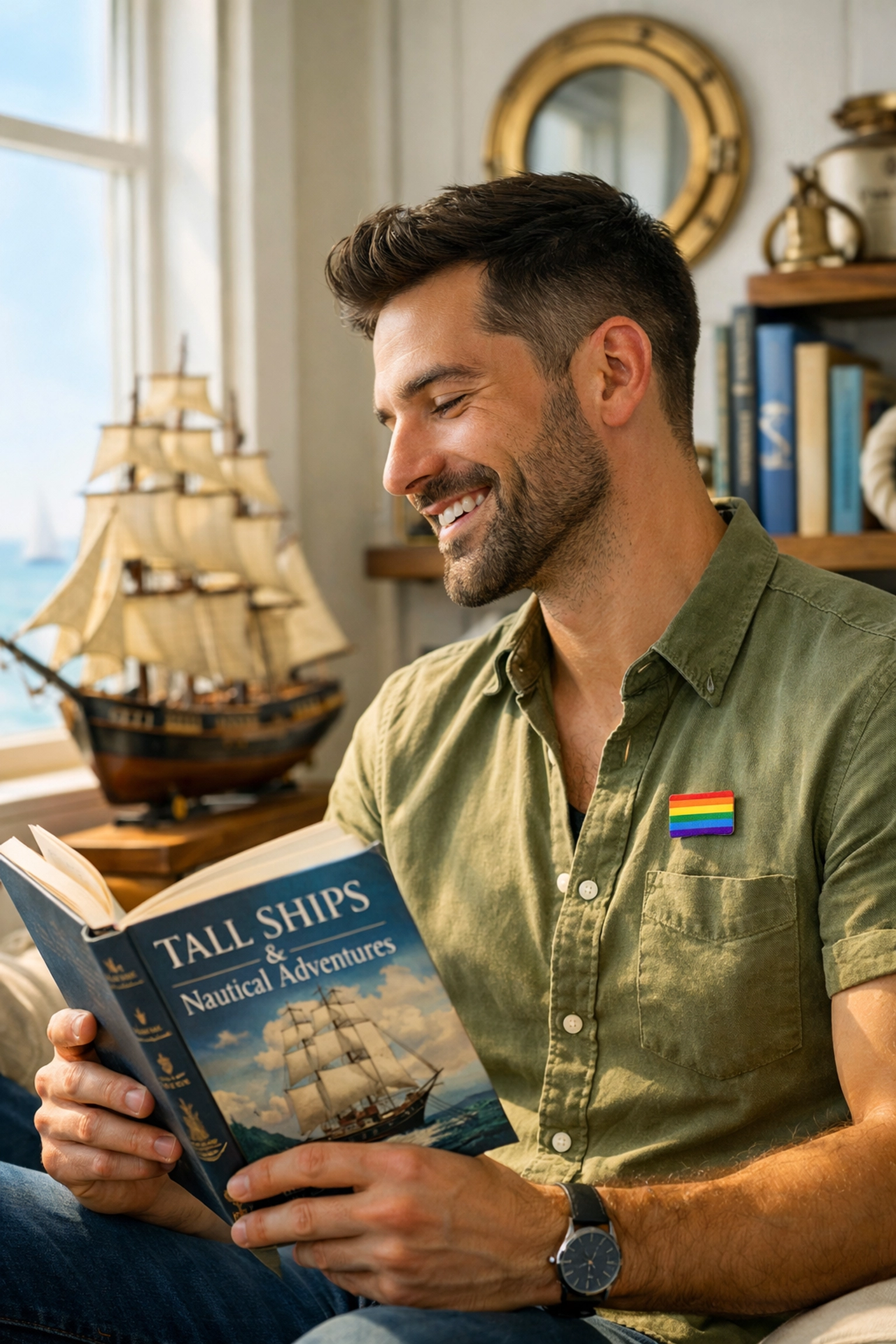 A man enjoys reading an MM romance book in a cozy, sunlit room with nautical decor.