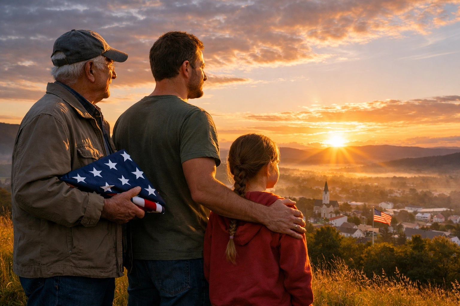 Three generations of an American family honoring national identity and the 250th anniversary at sunrise.
