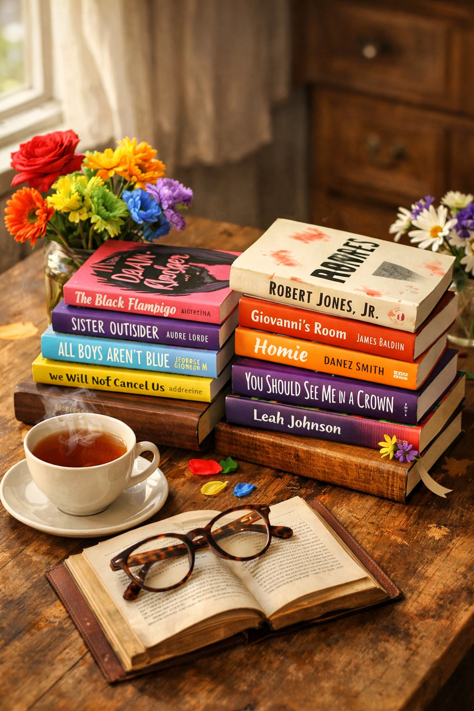LGBTQ+ books by Black queer authors with tea and pride flowers for diverse reading