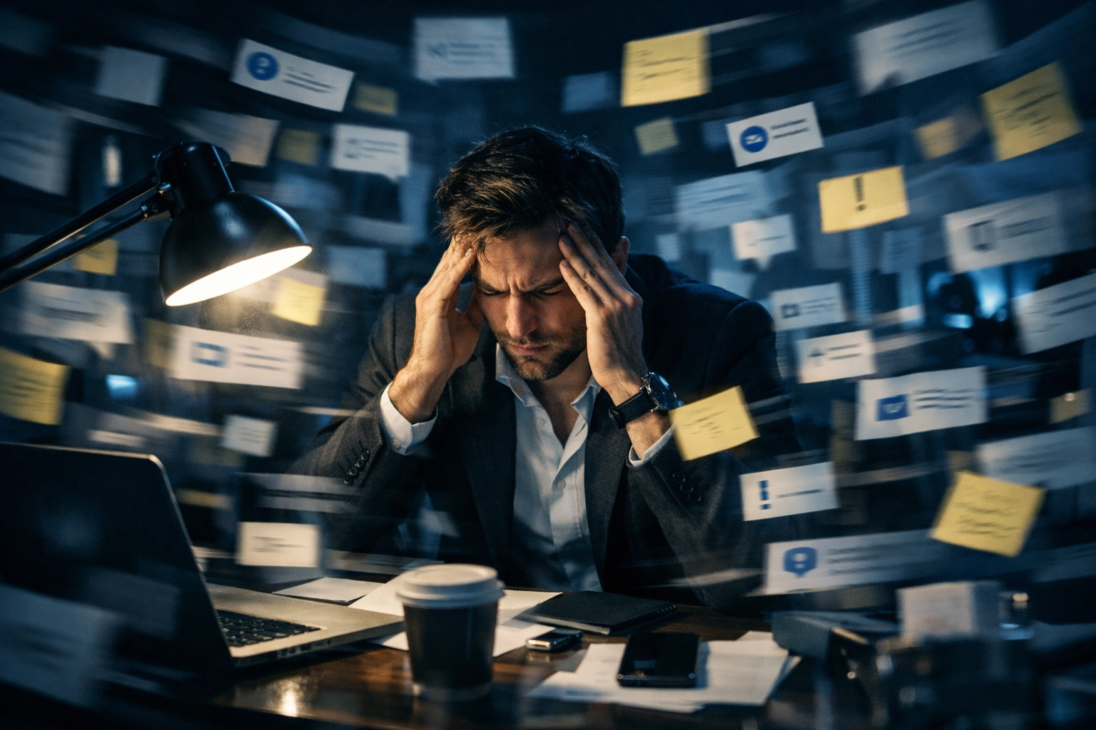 Overwhelmed entrepreneur at a desk representing a business bottleneck and founder's trap.