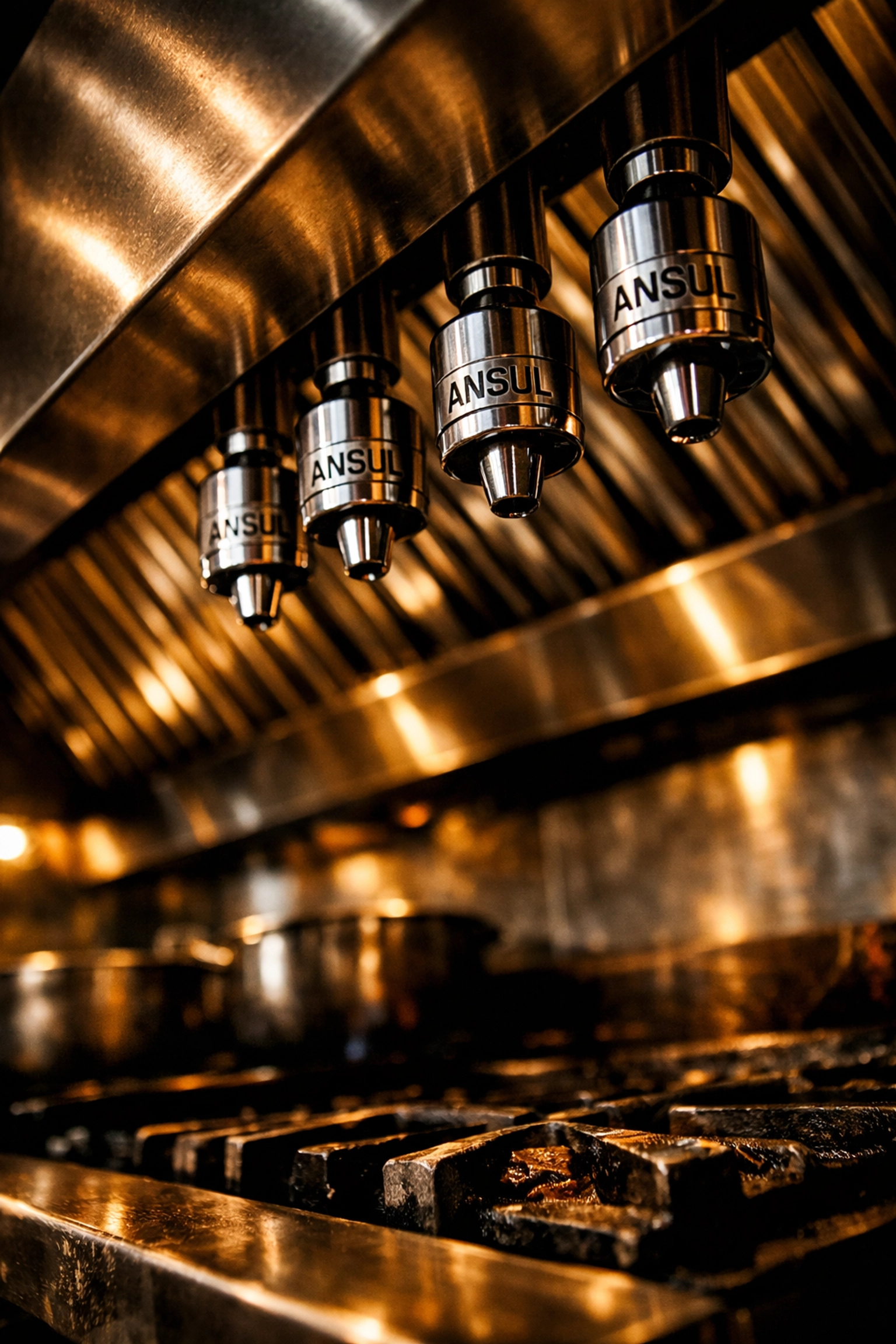 Ansul fire suppression system nozzles installed under a commercial kitchen hood in a Fort Wayne restaurant.
