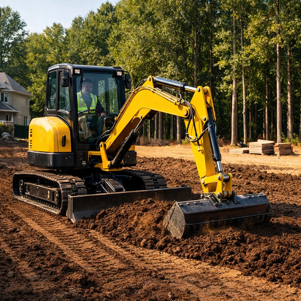 Professional excavation and hauling services grading a site for a new structural landscaping project.