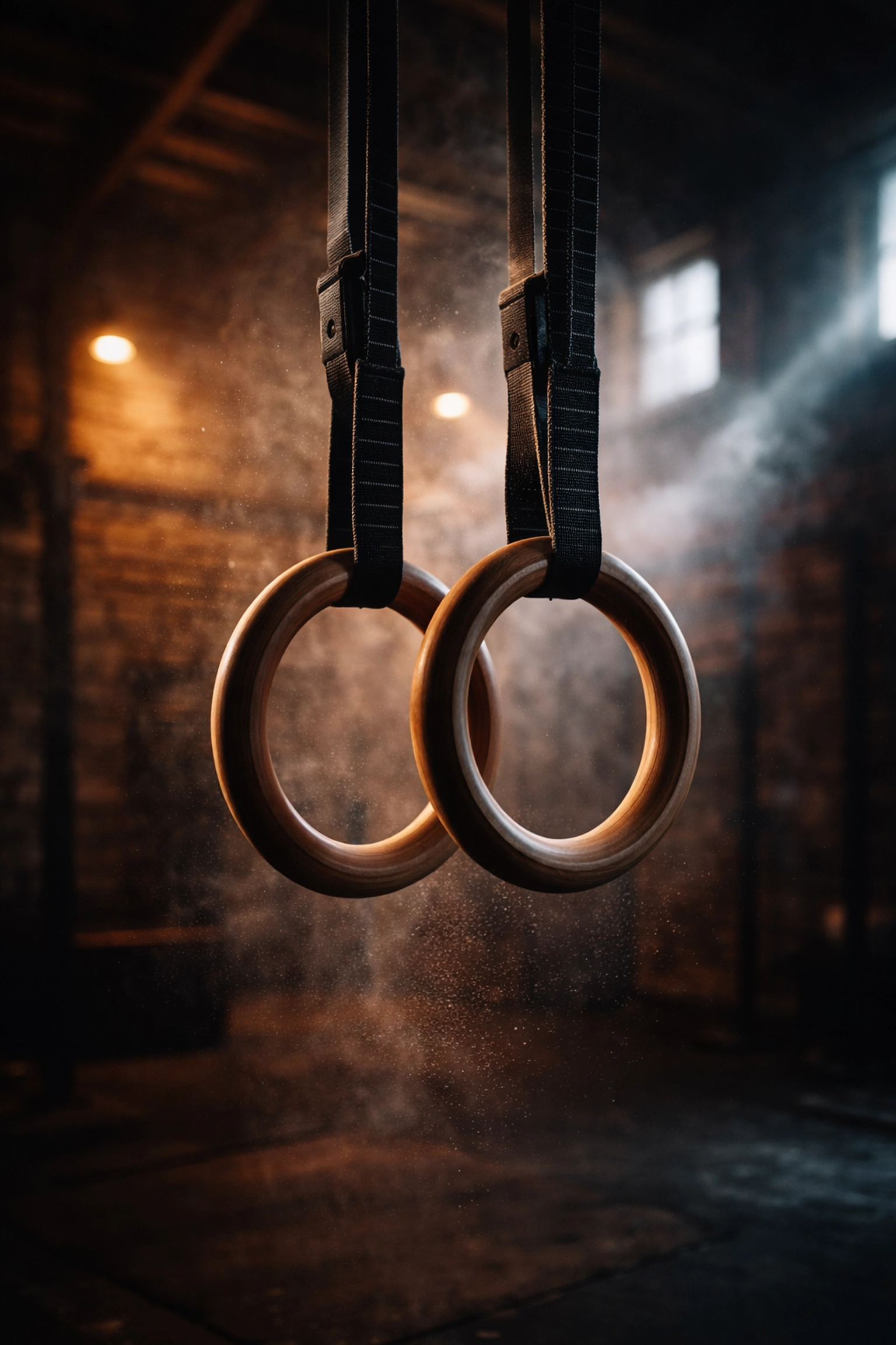 Wooden gymnastic rings hanging in an industrial-style gym space, essential equipment for home calisthenics workouts