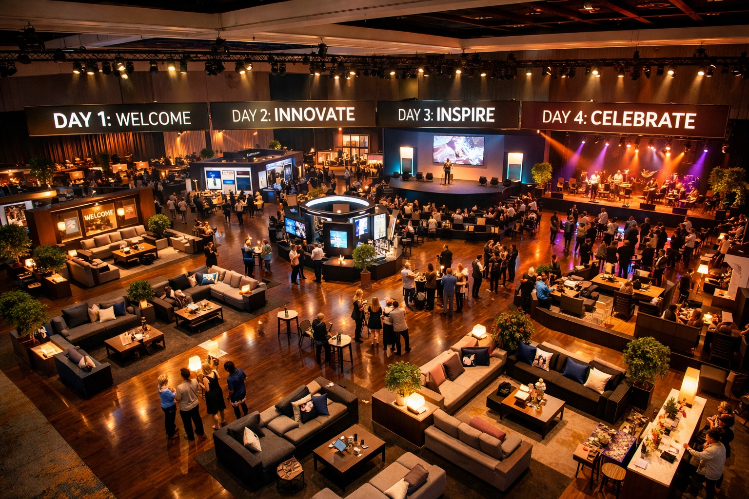 Multi-day event activation showing branded lounge areas and interactive sponsorship touchpoints