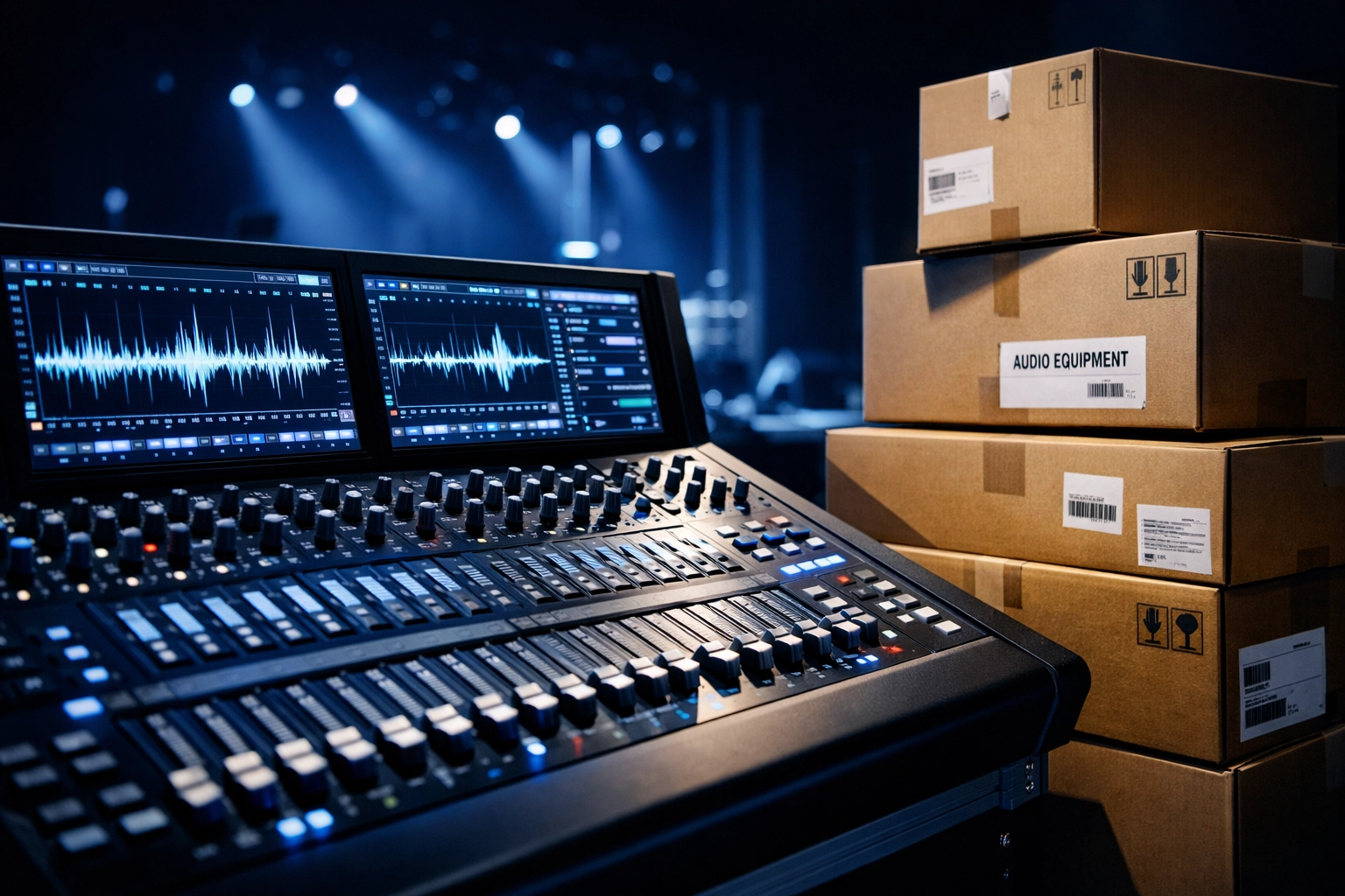 Factory-direct AV equipment shipping boxes next to installed mixing console in worship space