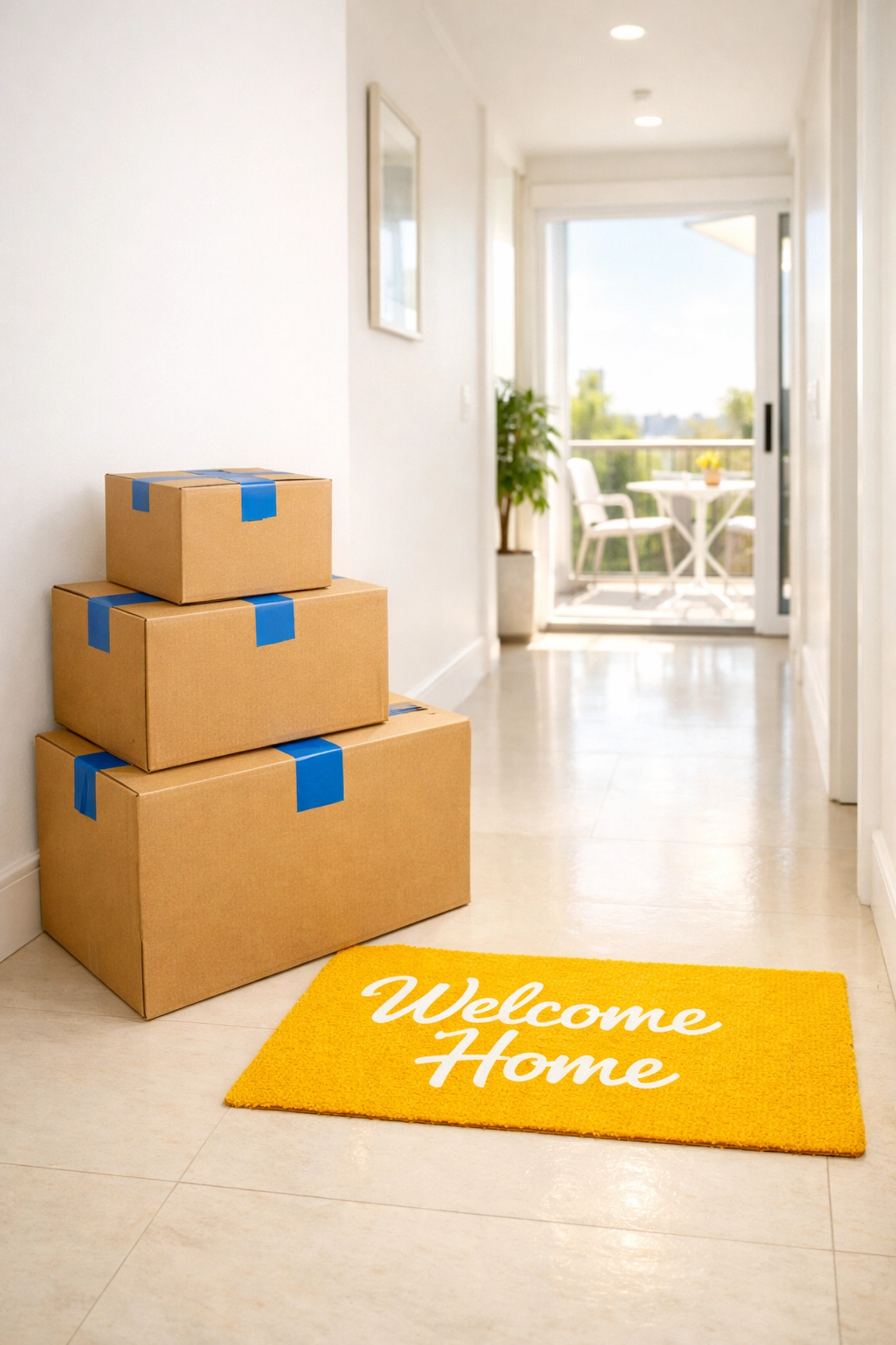 Sunlit apartment hallway with moving boxes on a clean floor ready for a stress-free Boston move-out.