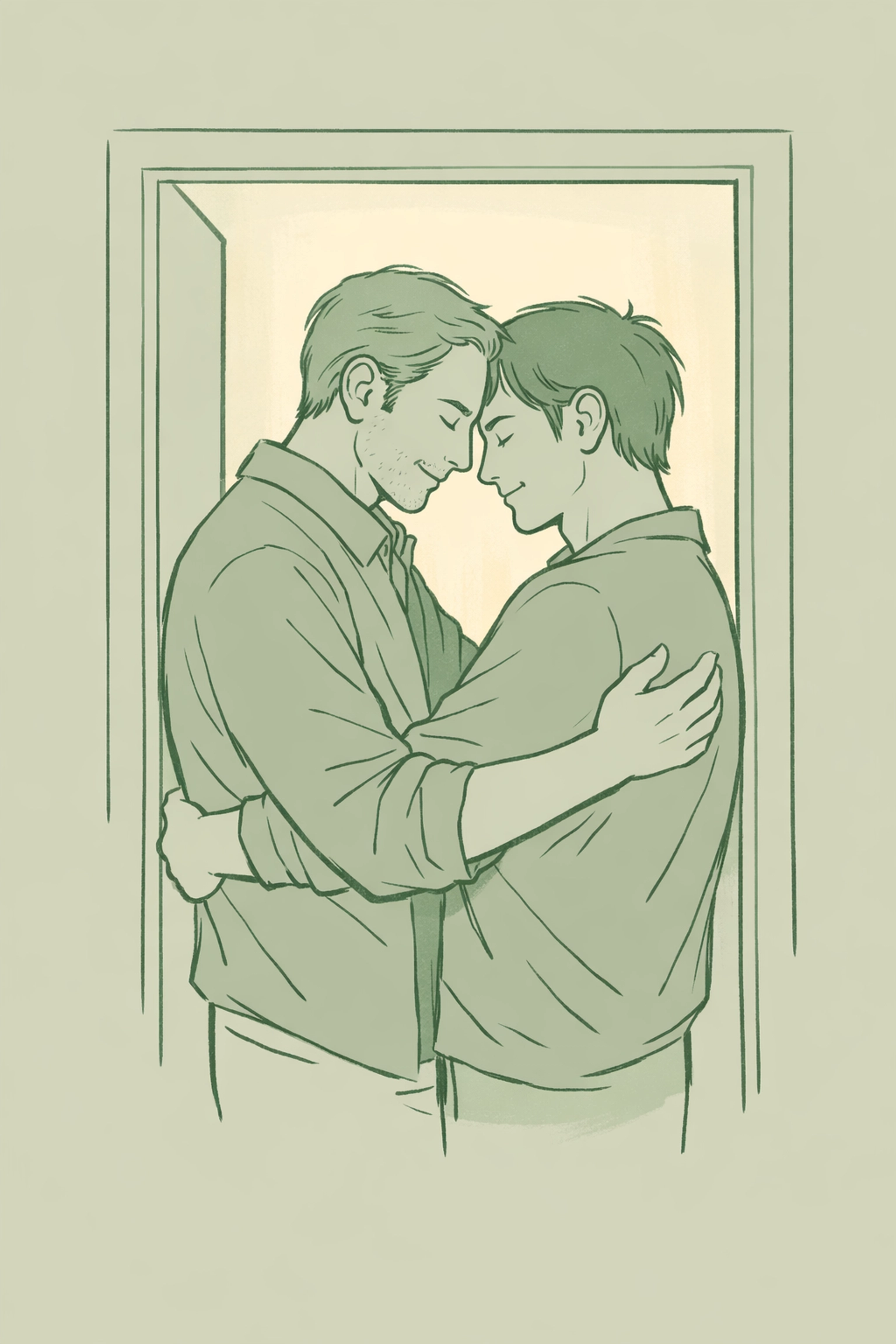 Gay men embracing in doorway - emotional MM romance and late-life love