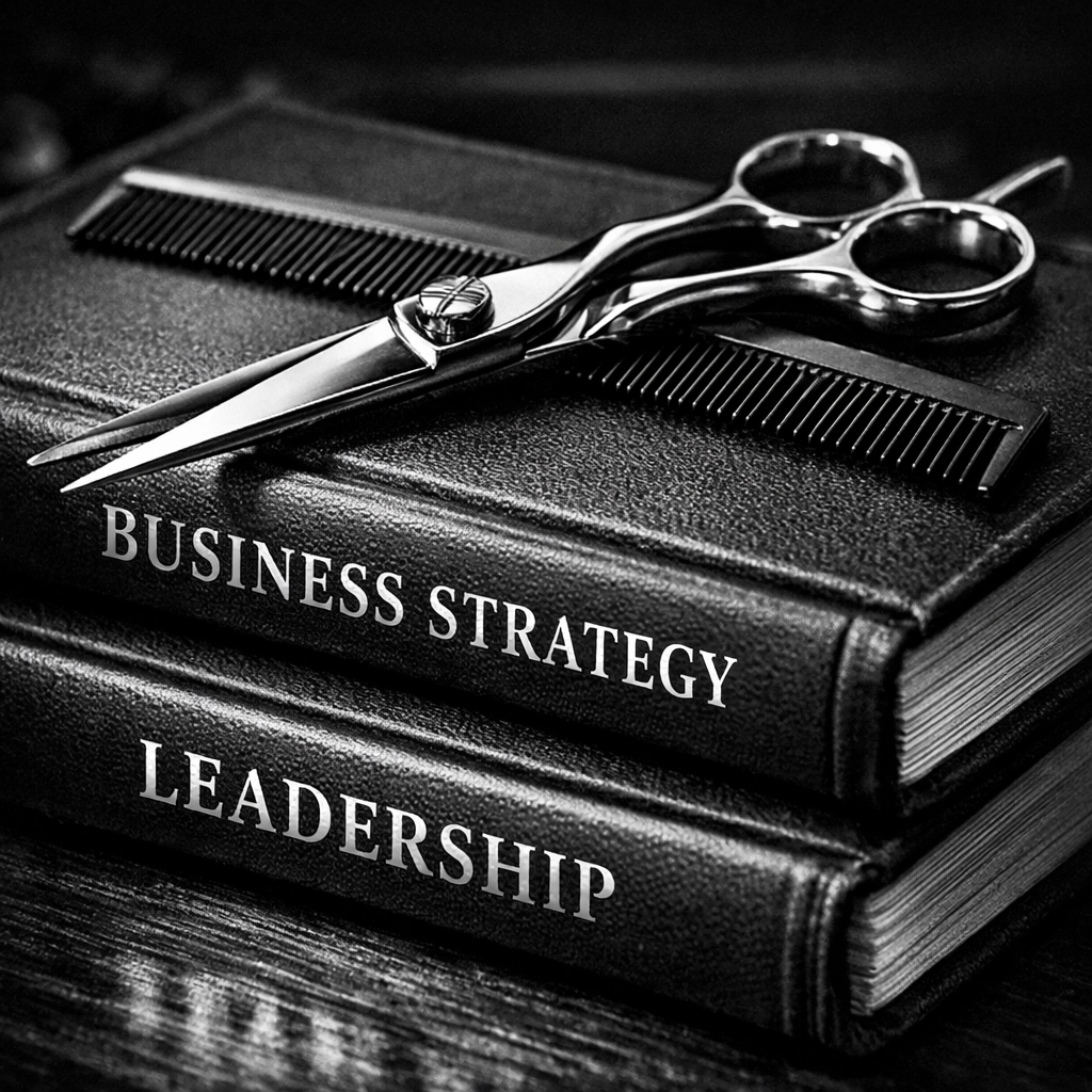 Barbering tools placed on business books illustrating the chair-to-boardroom career philosophy.