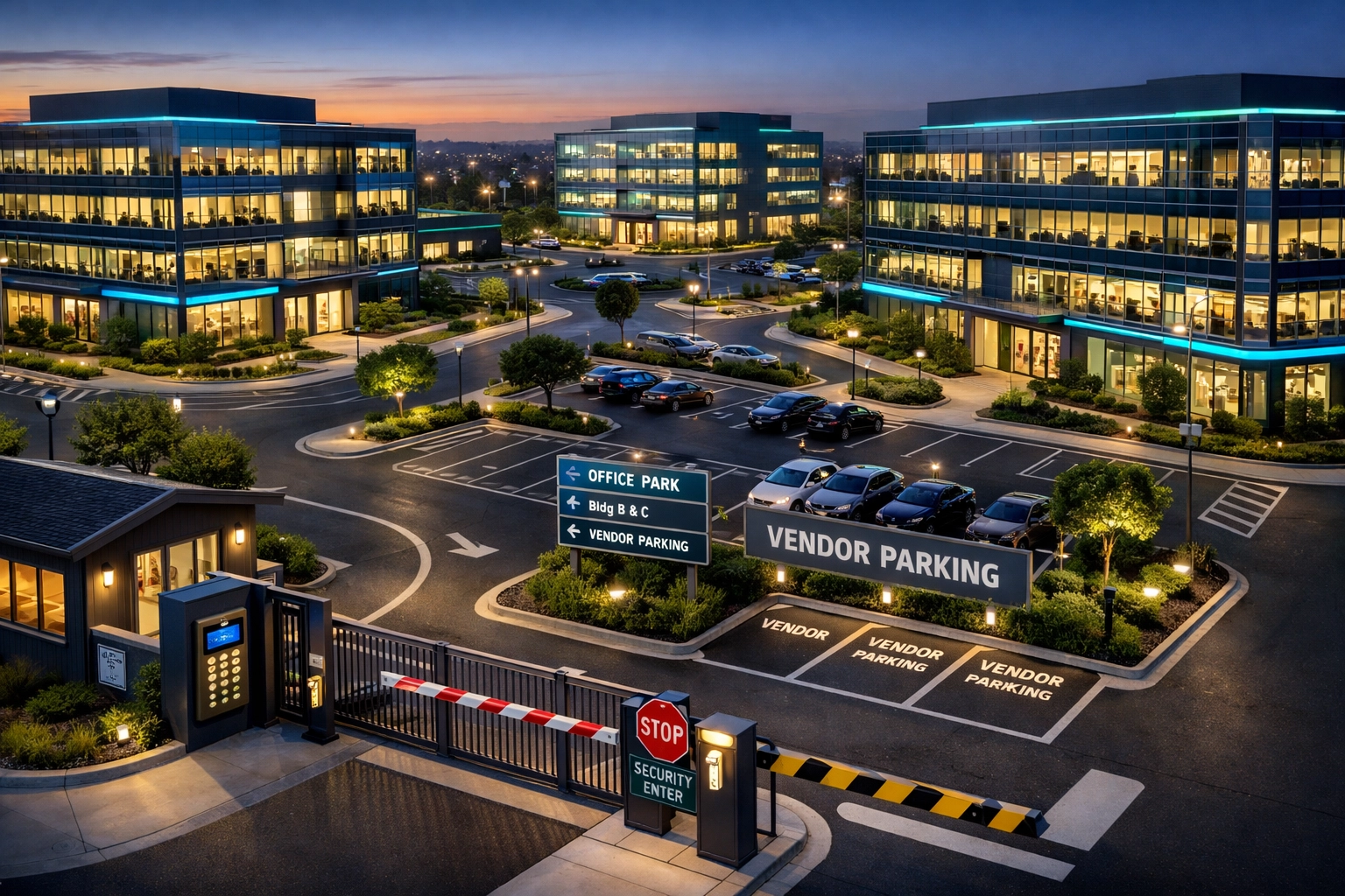 Multi-site commercial office park with security gate and designated IT technician parking areas