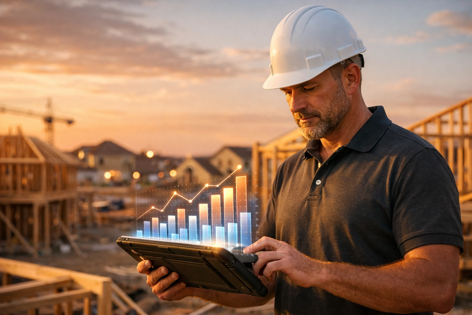 DFW construction manager reviewing real-time job costing data on a North Texas job site.