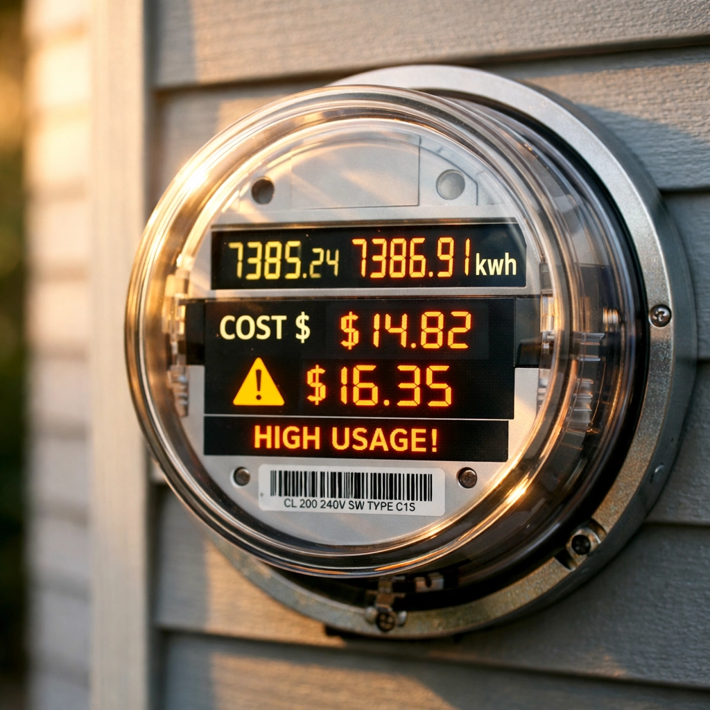Digital electricity meter on Hudson Valley home showing rising cost display