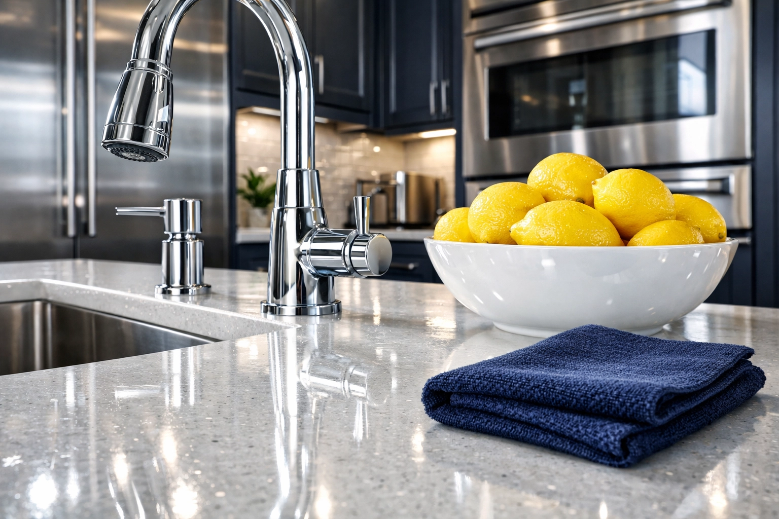 Deeply cleaned kitchen countertops and polished fixtures from a professional house cleaning Medfield service.