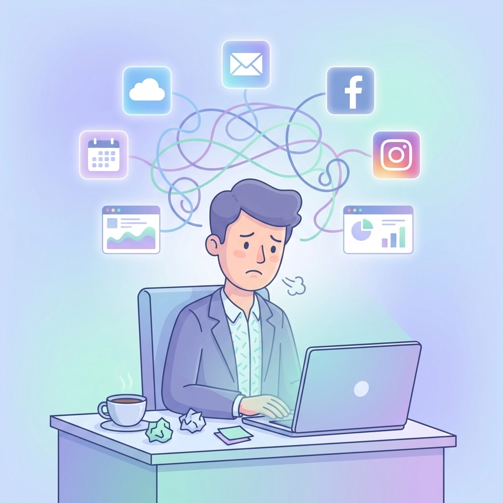 Stressed business owner facing tool overload at desk, illustrating SMB software sprawl challenges.