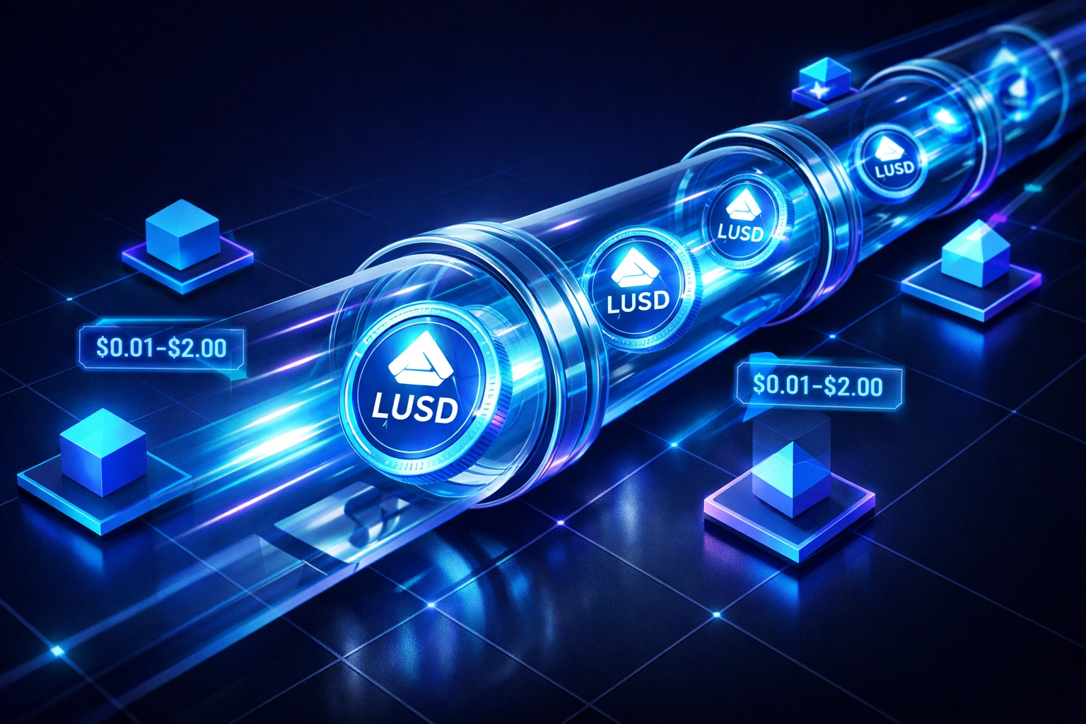 LUSD stablecoin tokens flowing through blockchain network with minimal gas fees under $2 per transaction