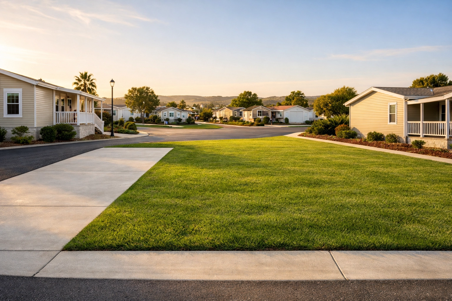 A perfectly prepared and level vacant lot at Piney Woods Manufactured Home Community.