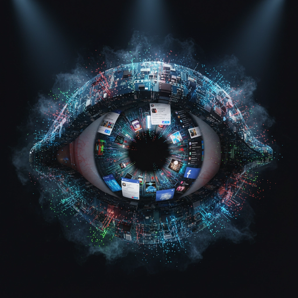 The Great Hack digital eye symbolizing data surveillance and social media monitoring.