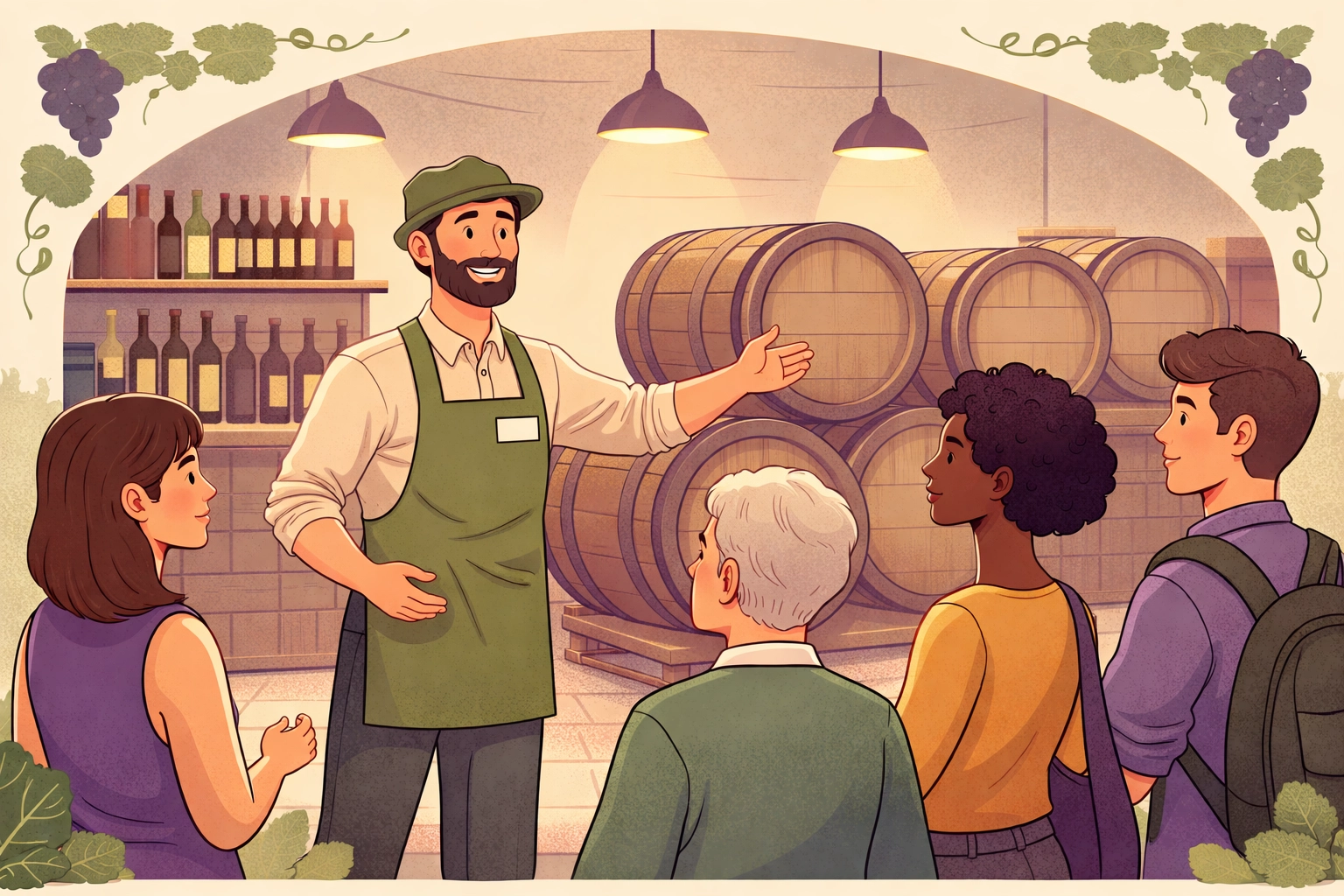 Certified guide leading a Virginia winery tour group in a wine cellar with attentive guests