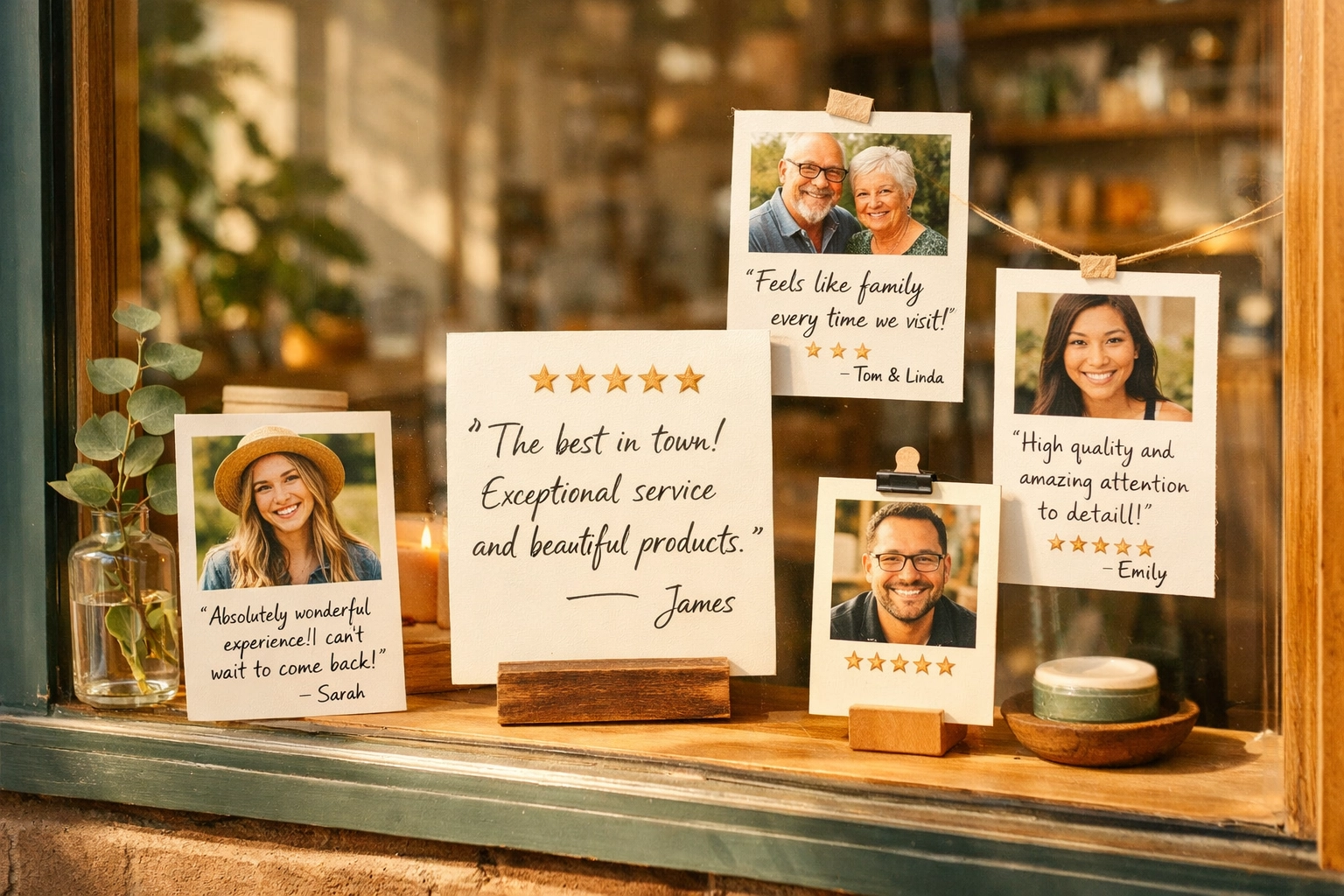 Small business storefront displaying customer reviews and testimonials for credibility