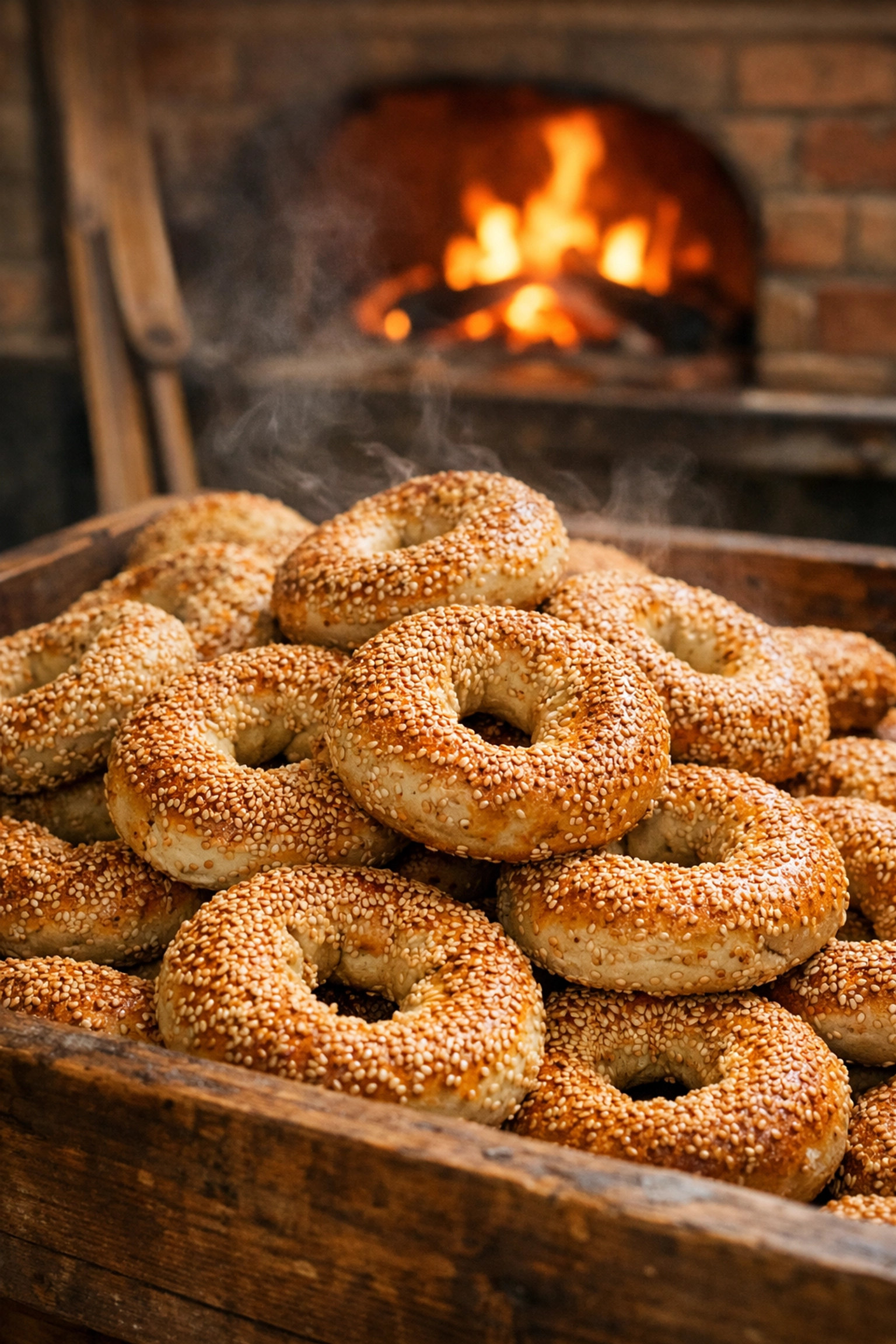Close-up of fresh Montreal sesame bagels, a cheap and iconic food staple in the Mile End neighborhood.