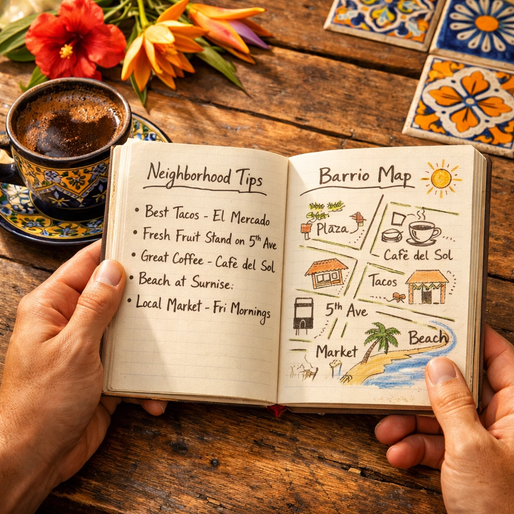 Handwritten local tips and neighborhood map for Puerto Vallarta condo rental guests