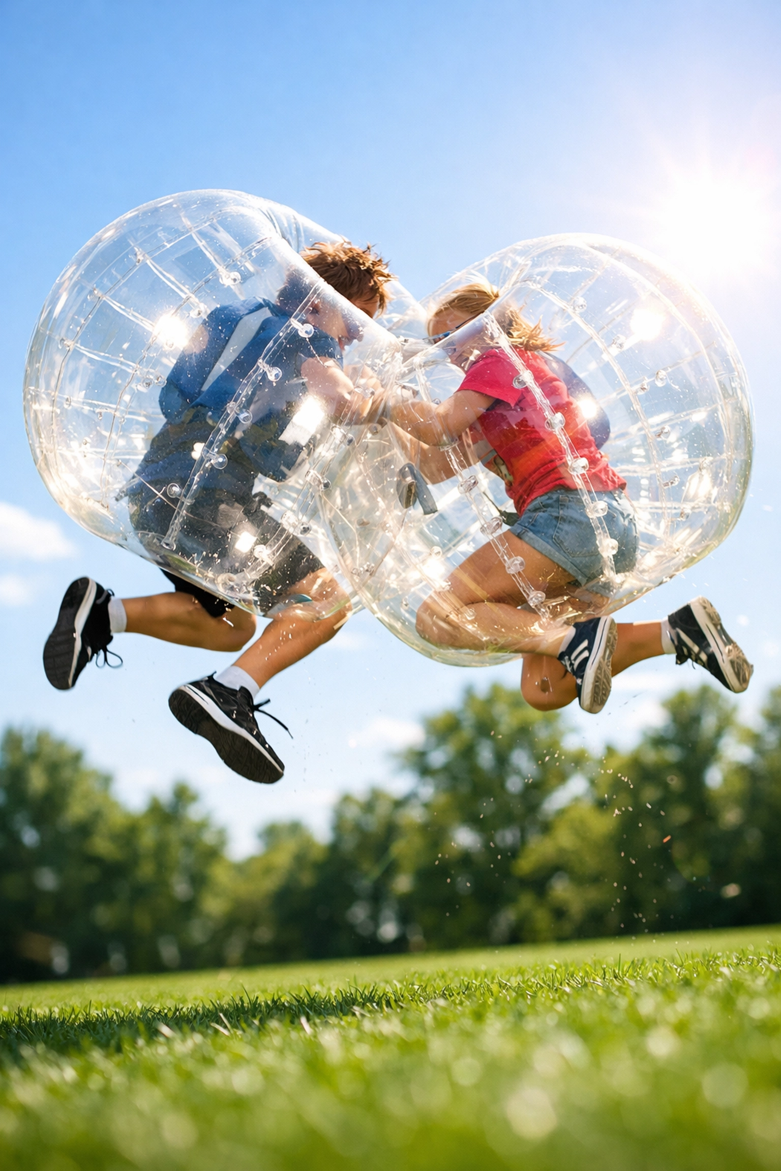 Teens colliding in bubble suits during bubble soccer game in Omaha