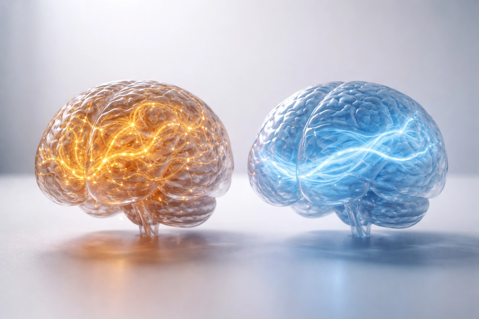 Two brain models showing ADHD neural pathways and calm regulation, highlighting neuro-counselling approaches
