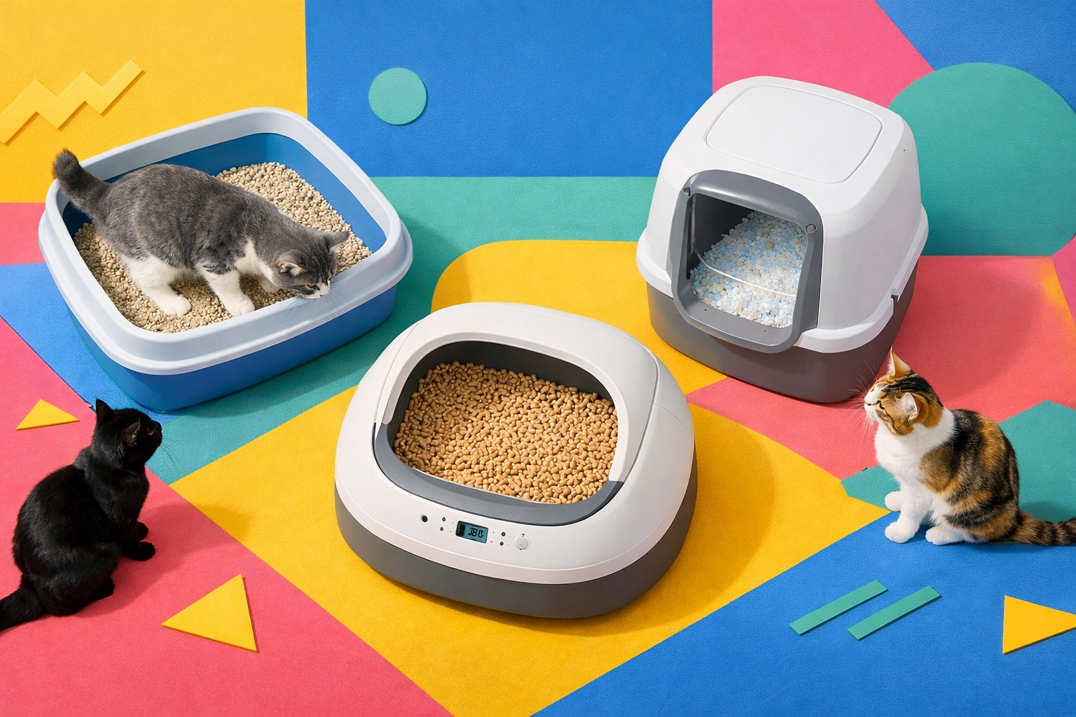 Multiple litter box options including traditional and automatic boxes with cats