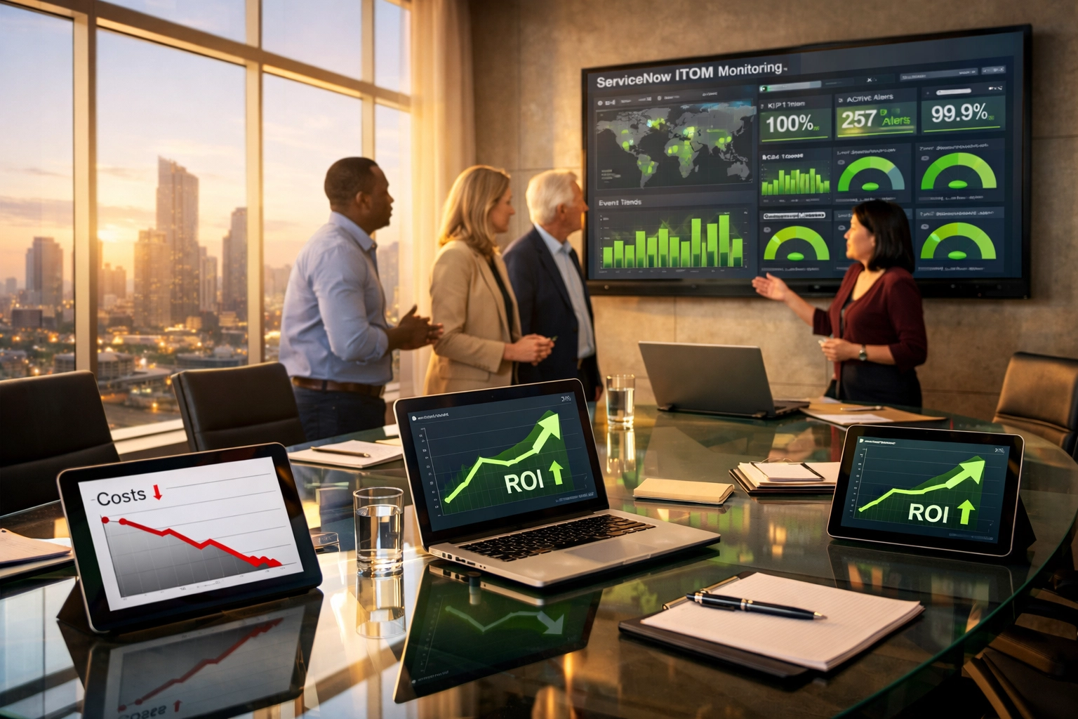 Business team analyzing ServiceNow ITOM ROI metrics and cost reduction dashboards in meeting